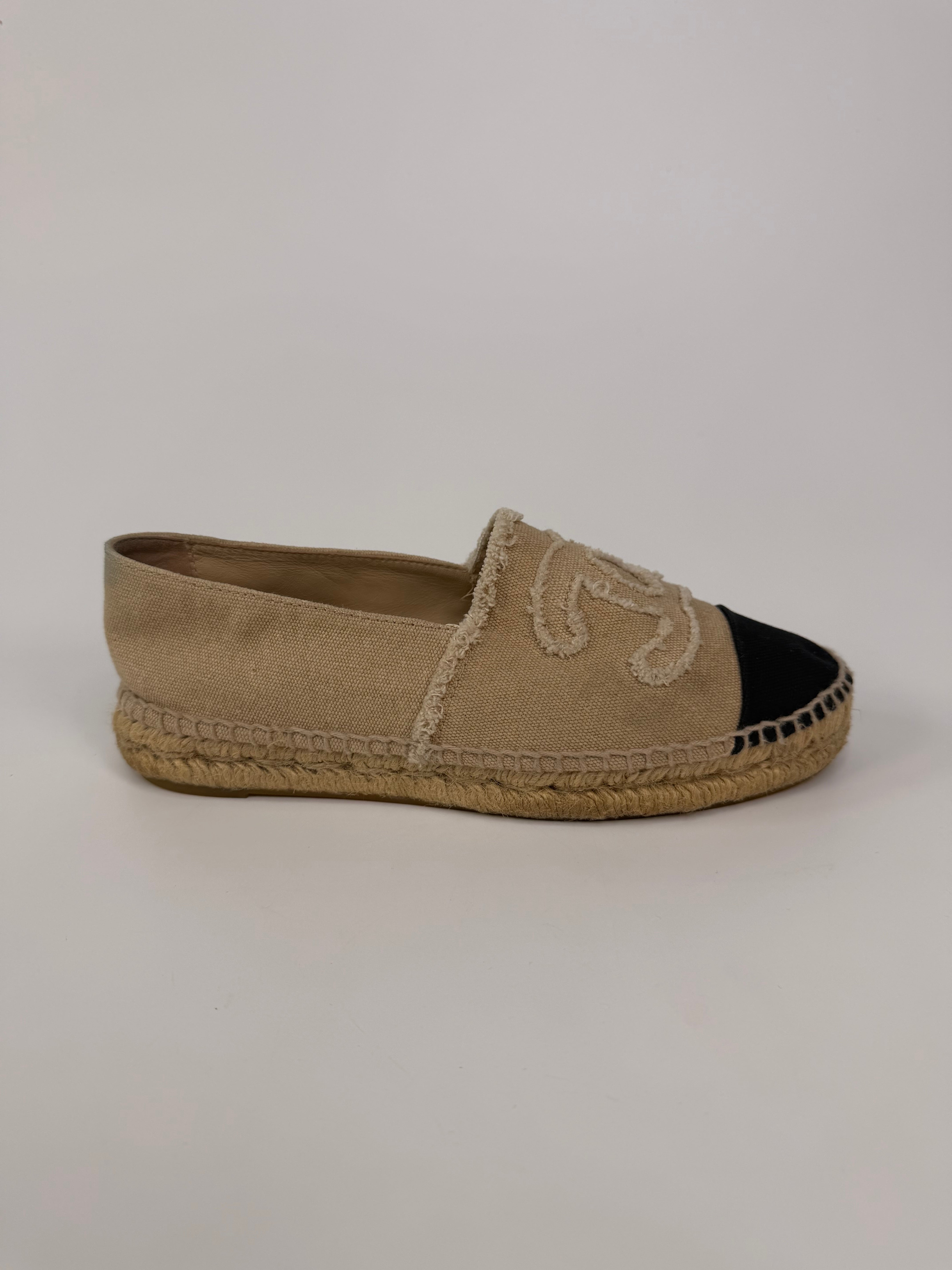 Chanel Espadrilles In Black & Beige Embroidered Fabric (Size 36/ UK3). 100% authentic and preloved in excellent condition