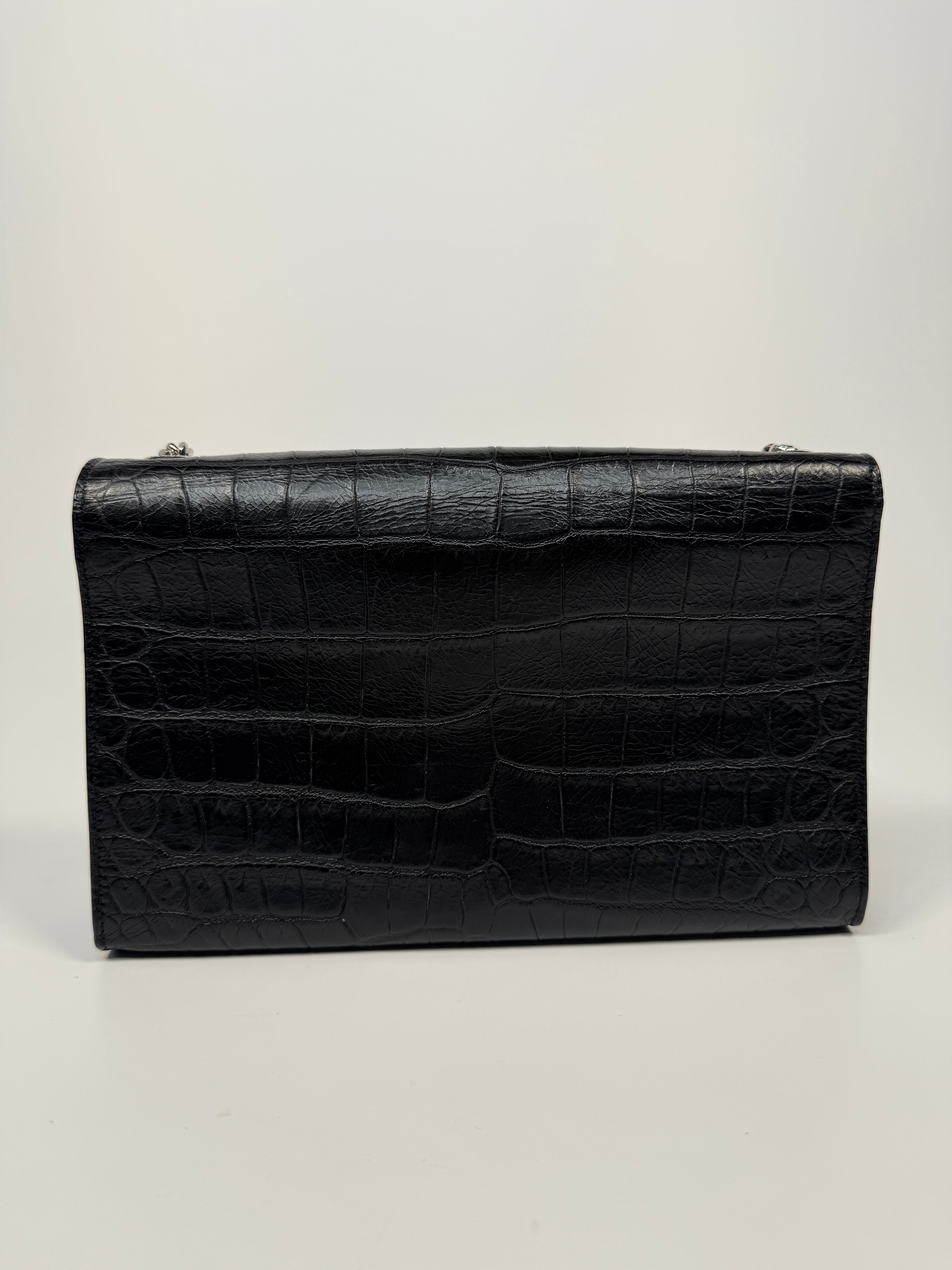 Saint Laurent Black Croc Embossed Kate Tassel Bag With Silver Hardware. Authentic and preloved in excellent condition.
