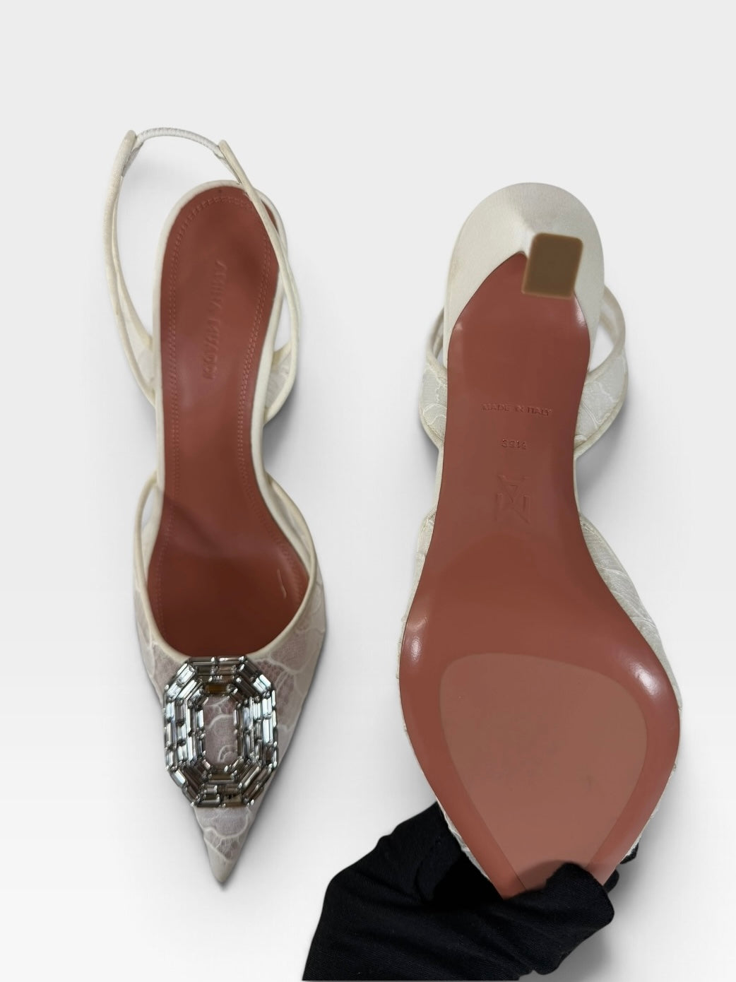 Amina Muaddi Heels In White Lace (Size 39.5 / UK 6.5) 100% authentic and preloved in new and unused condition