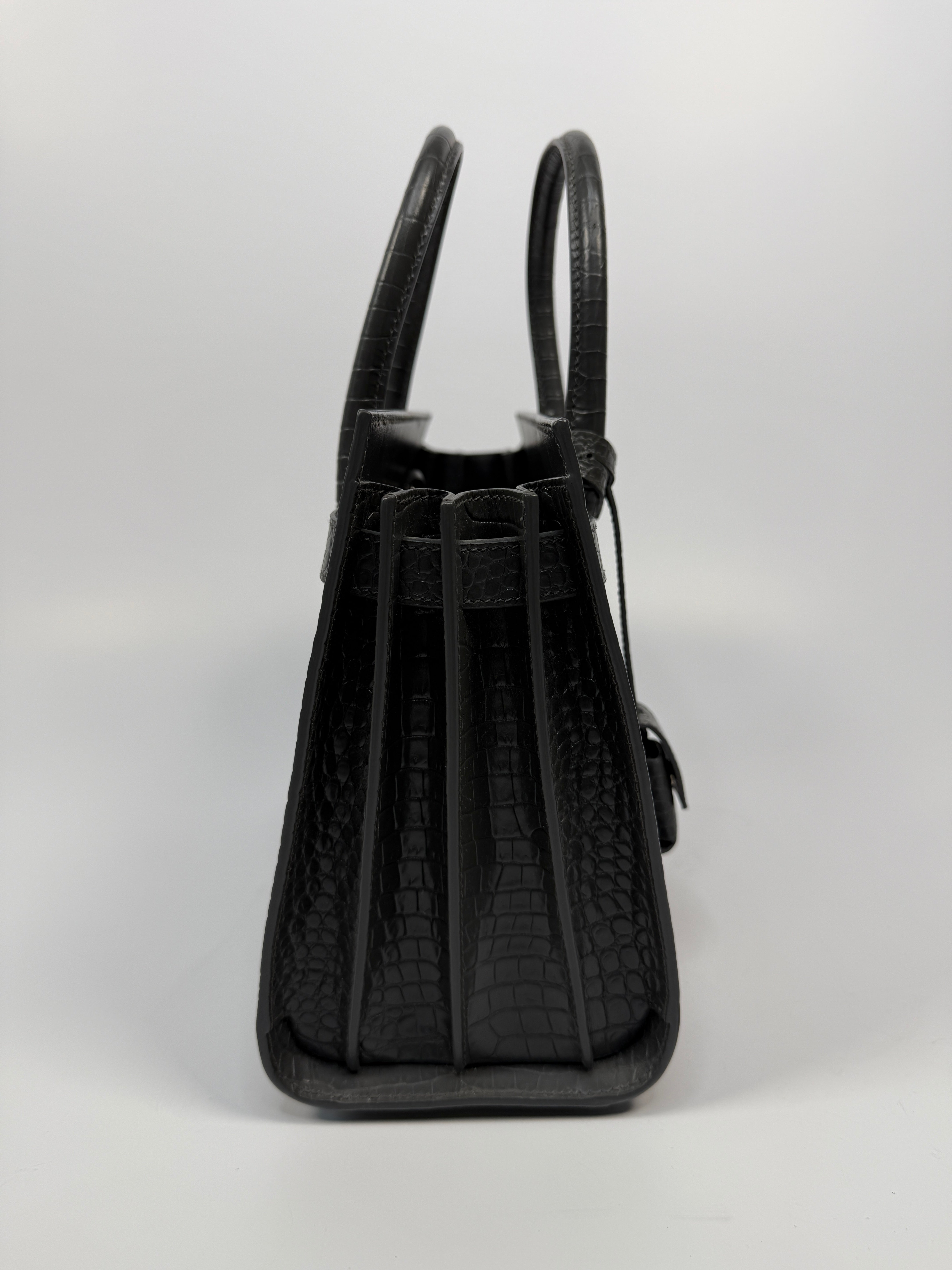 Saint Laurent Small Sac De Jour In Grey Croc Embossed Leather With Silver hardware, authentic and preloved in excellent condition