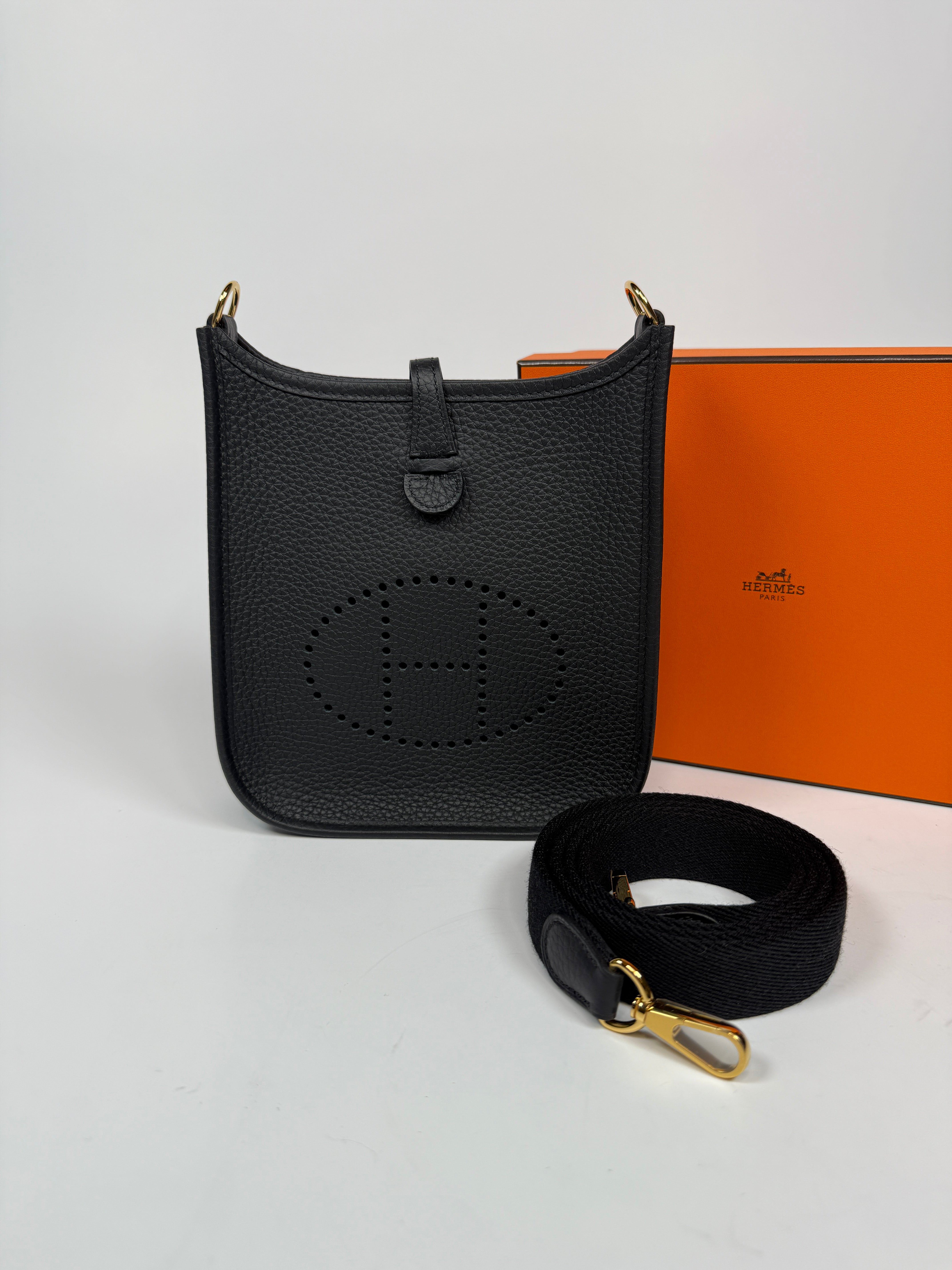 Hermès Evelyne TPM Black Clemence Leather Gold Hardware Authentic and Preloved In New and Unused condition.