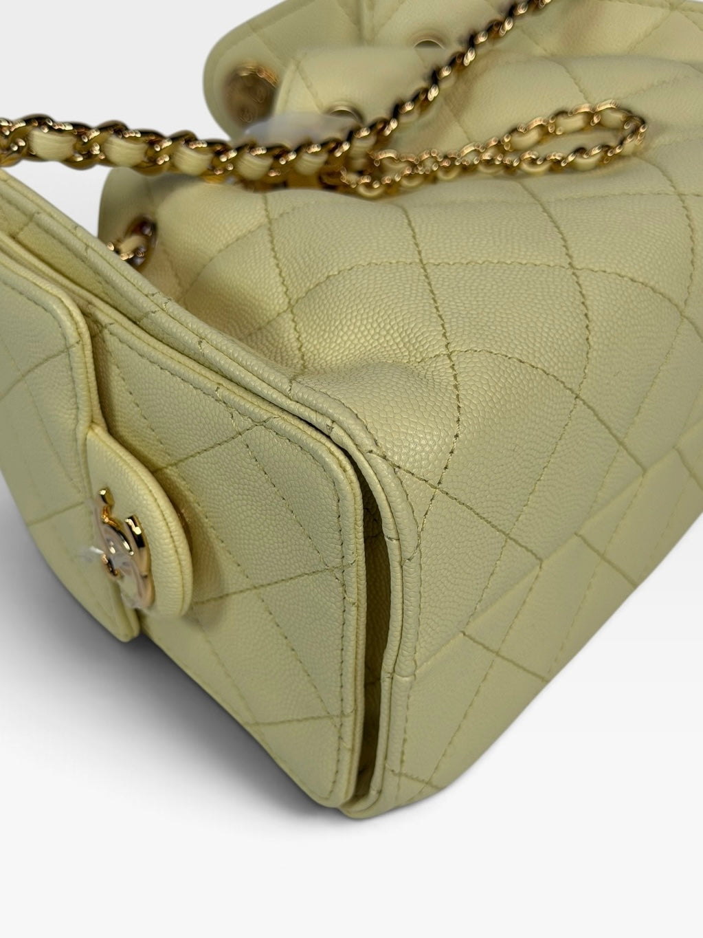 Chanel 25 Micro In Yellow Caviar Leather with Gold Hardware. 100% authentic and preloved in new and unused condition