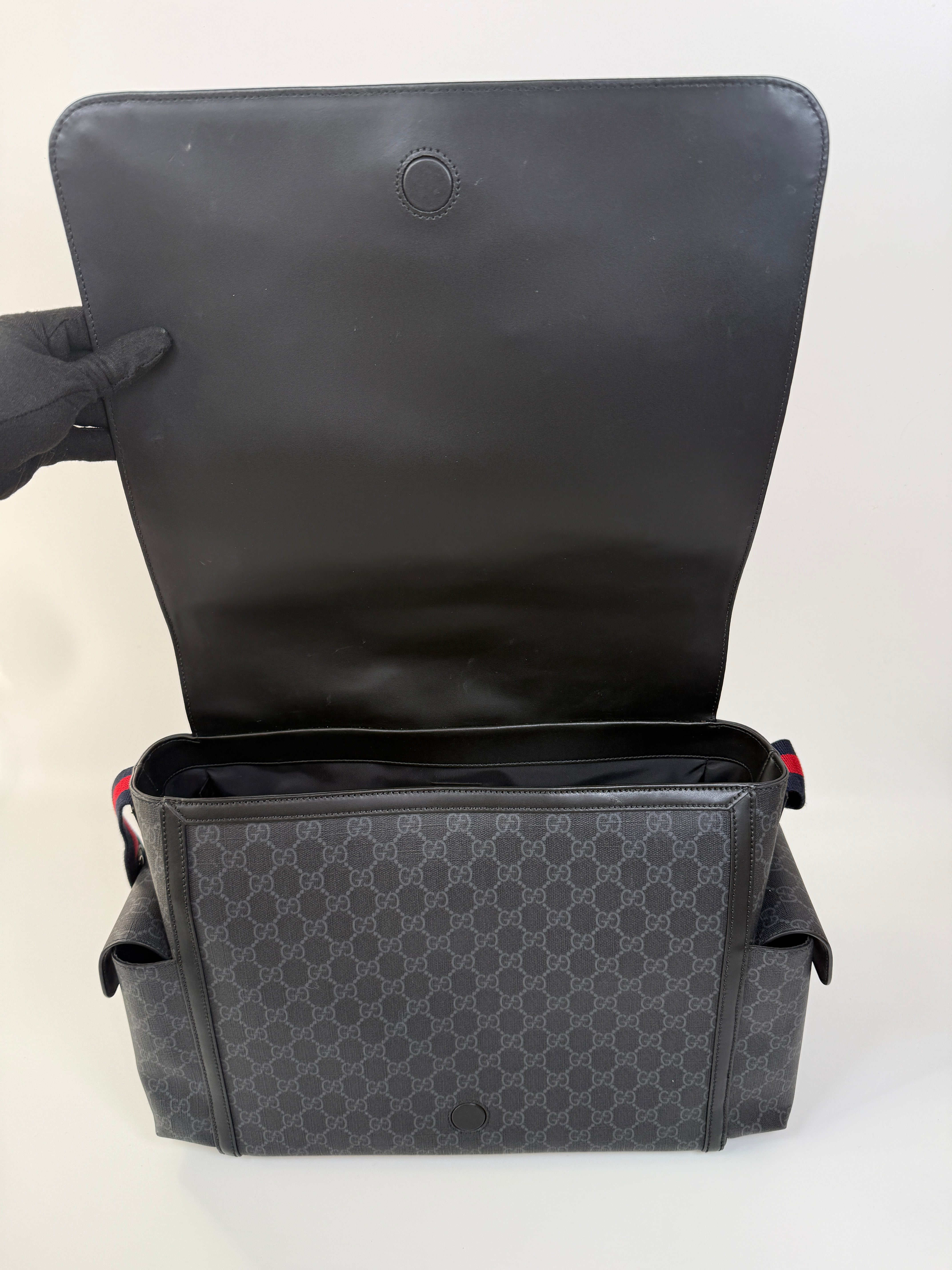 Authentic and preloved Gucci GG Supreme Medium Baby Changing Bag In Black Canvas. Excellent condition. 100% Authenticity guarantee