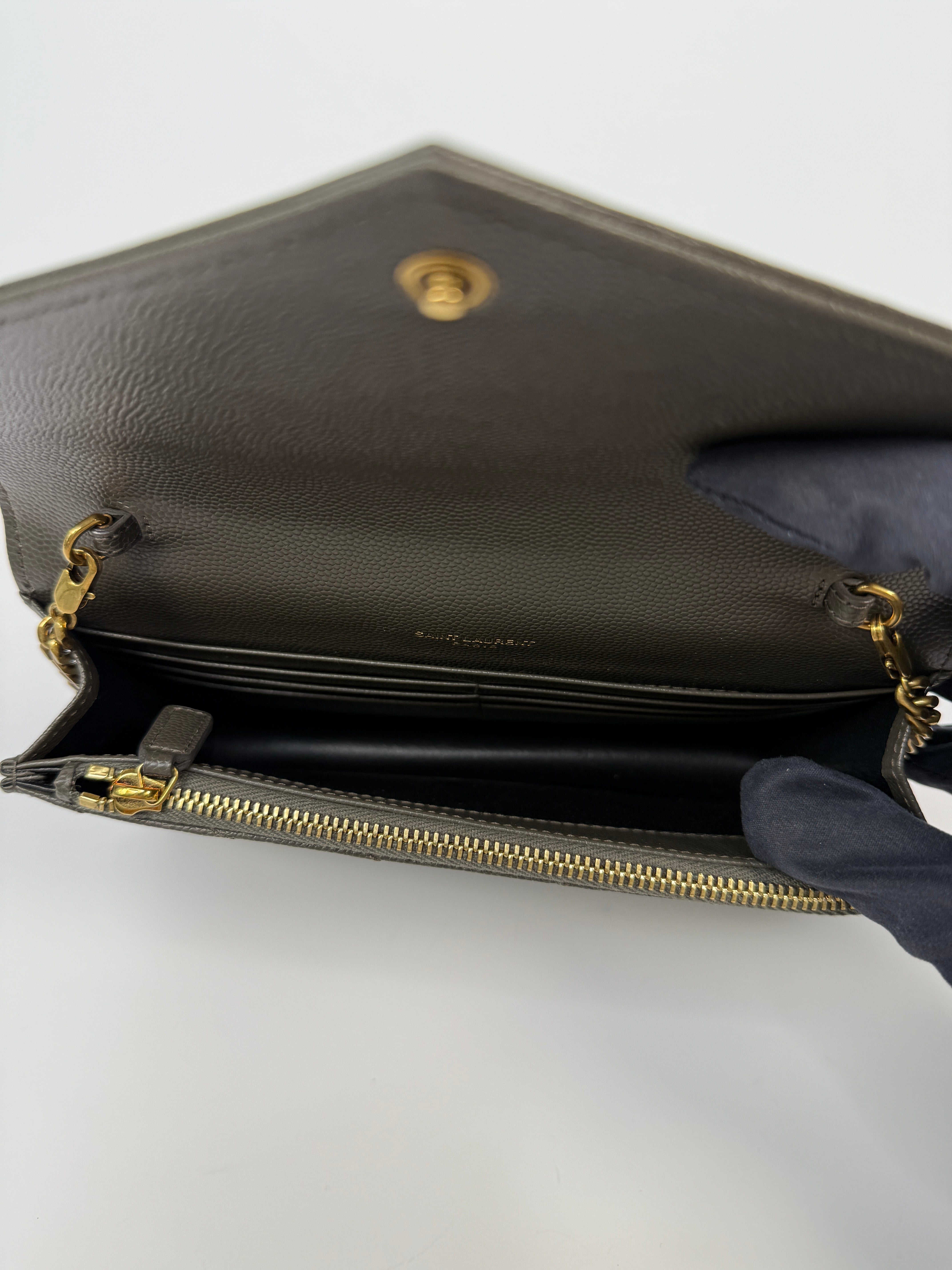 Saint Laurent Cassandre Matelassé Textured- Leather Wallet On Chain In Khaki With Gold Hardware. Authentic and preloved. Excellent condition. 100% Authenticity guarantee