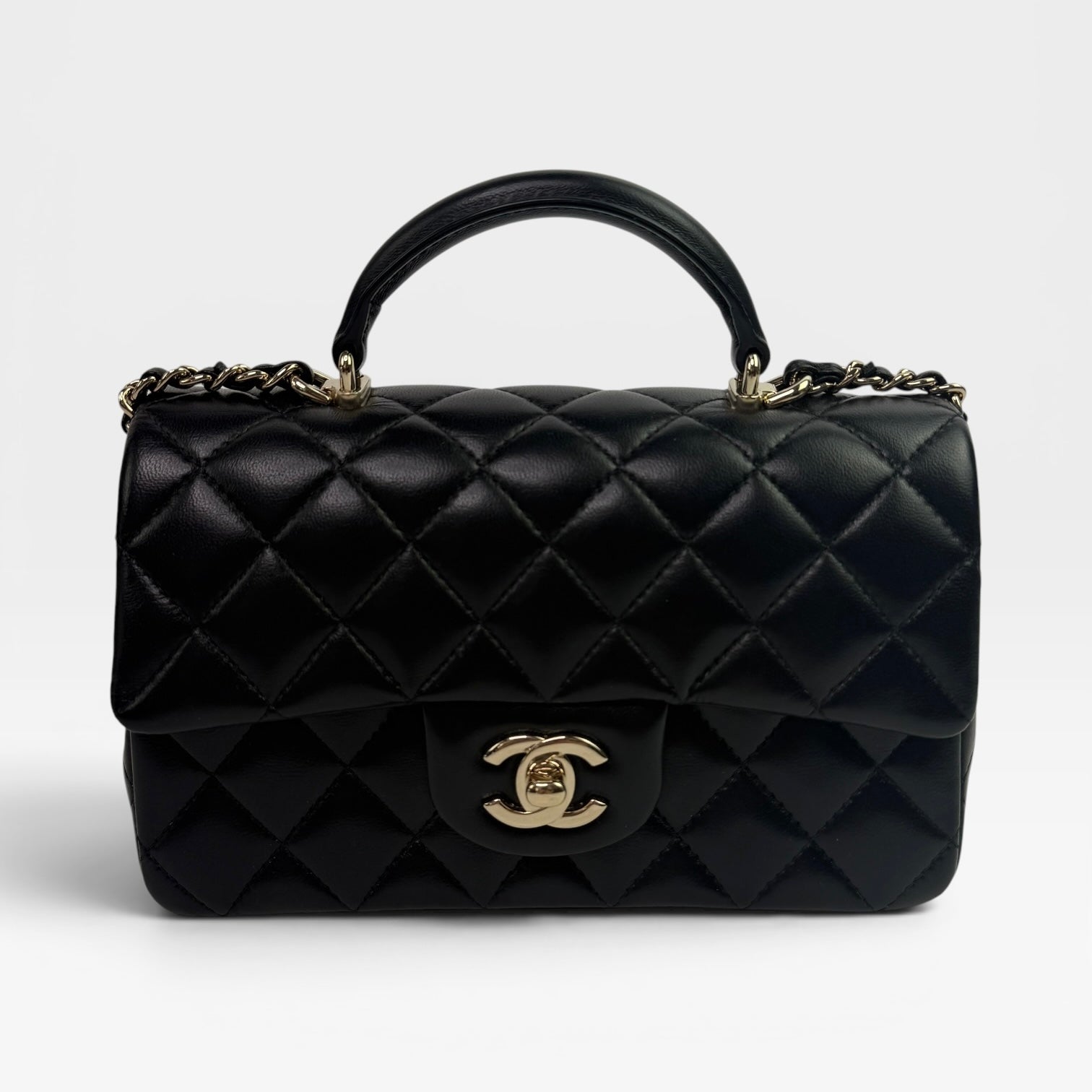 Chanel Mini Rectangle Top Handle In Black Lambskin With PGHW