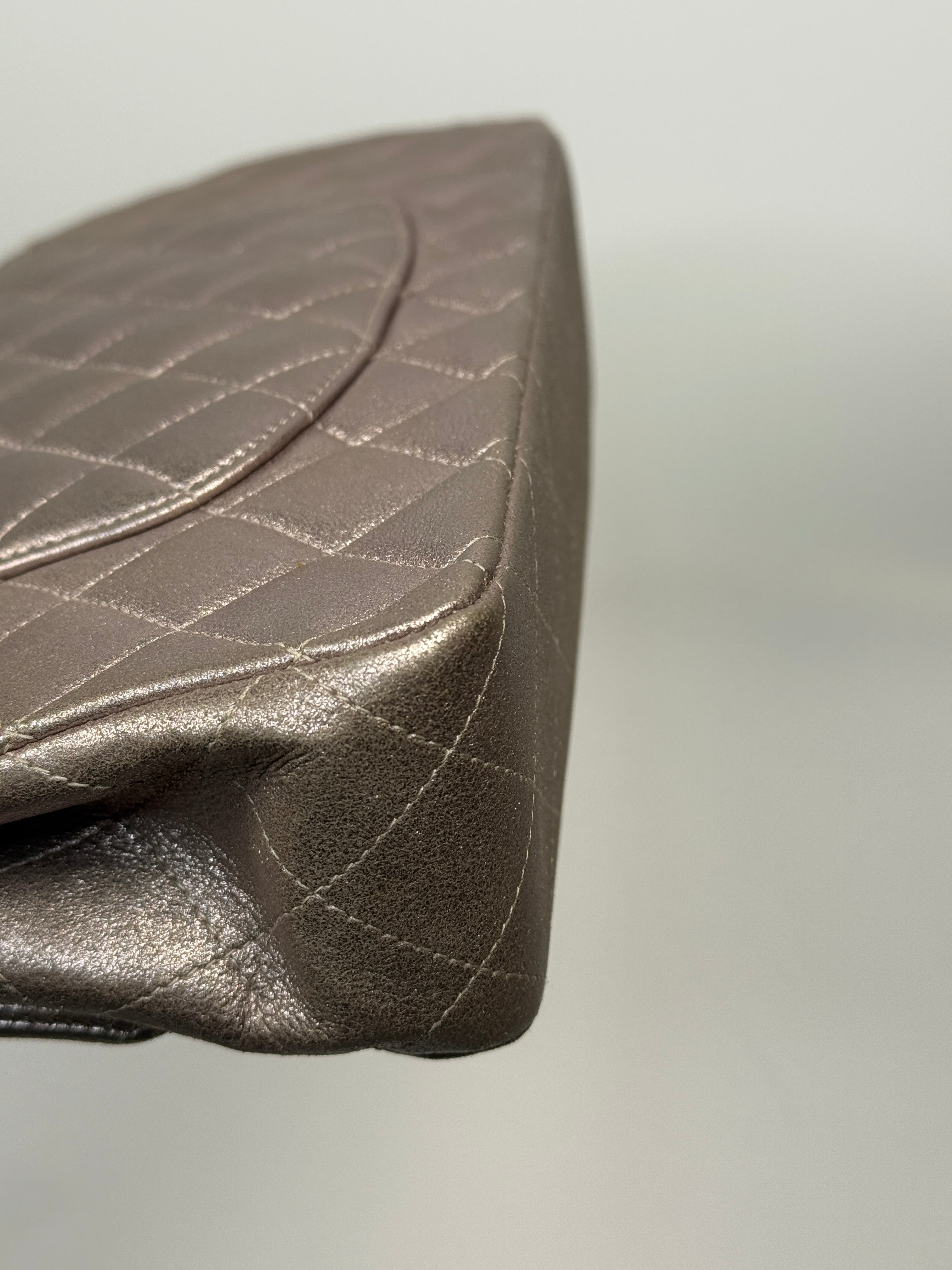 Authentic pre-loved Chanel Iridescent Rose Medium Classic Double Flap With Gold Hardware.