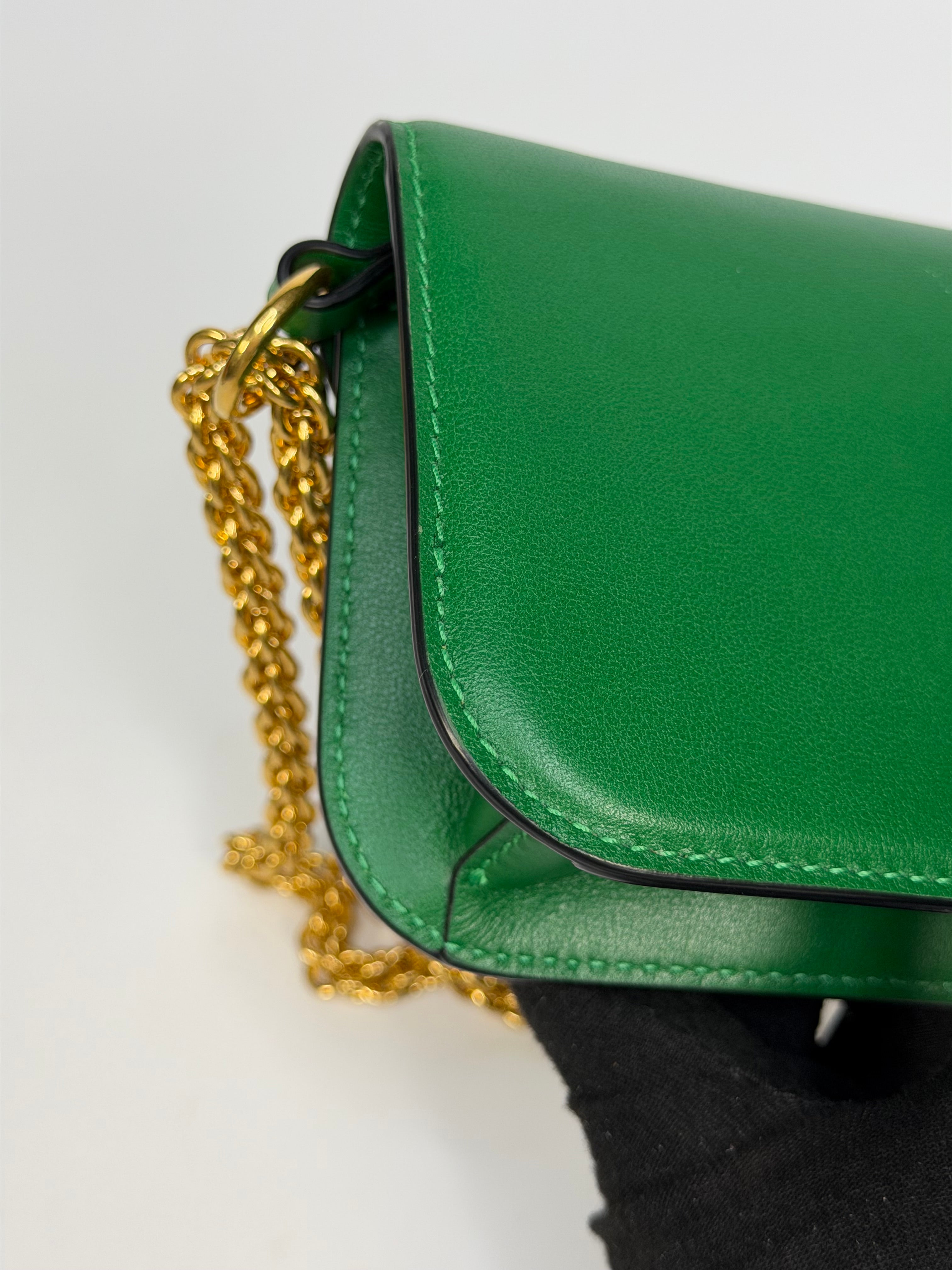 Valentino Garavani Locò Small Shoulder Bag In Green Leather With Gold Hardware. Authentic and preloved in excellent condition