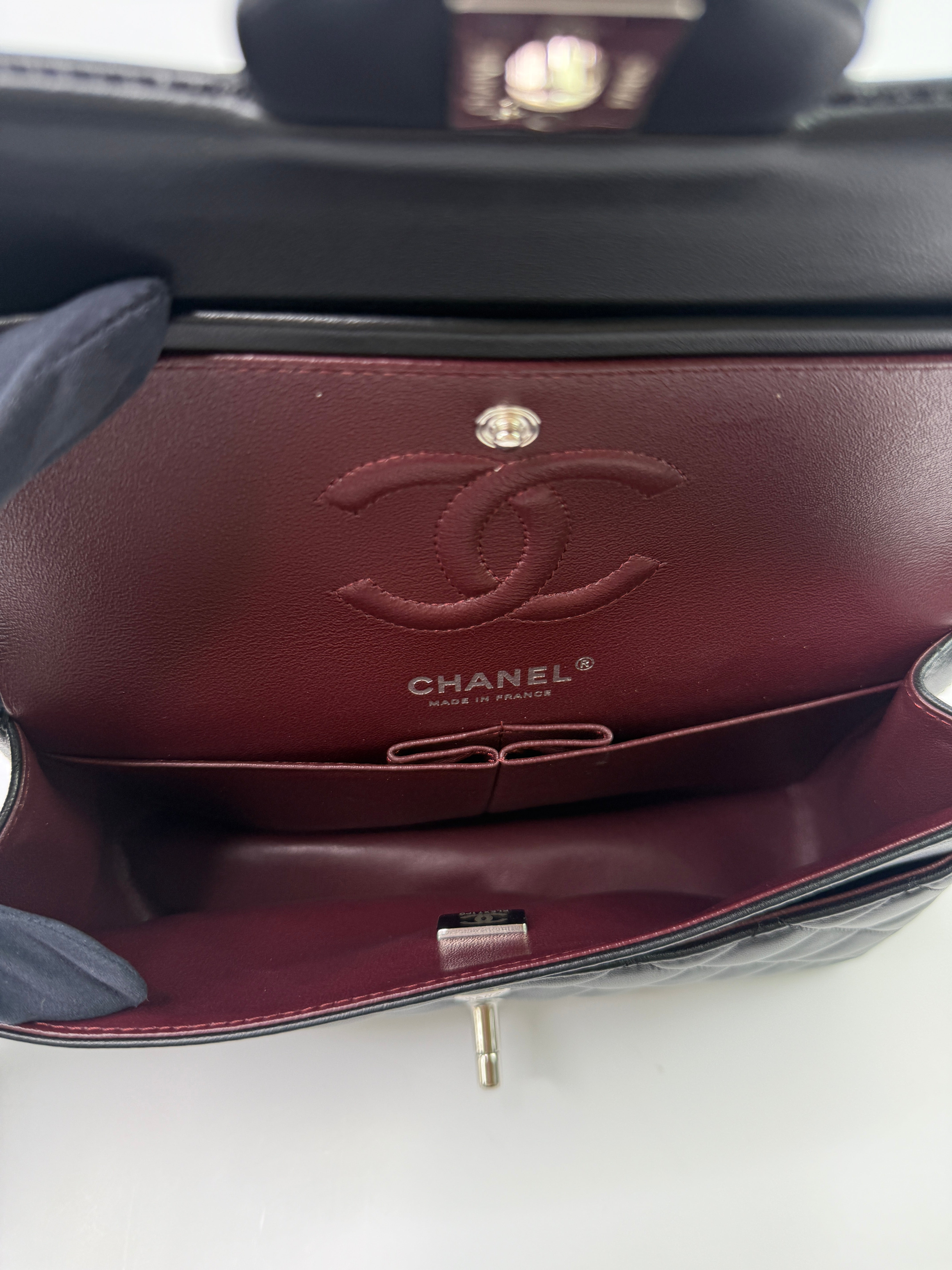 Chanel Small Classic Double Flap In Black Lambskin Leather With Silver Hardware
Pre Loved & Authentic