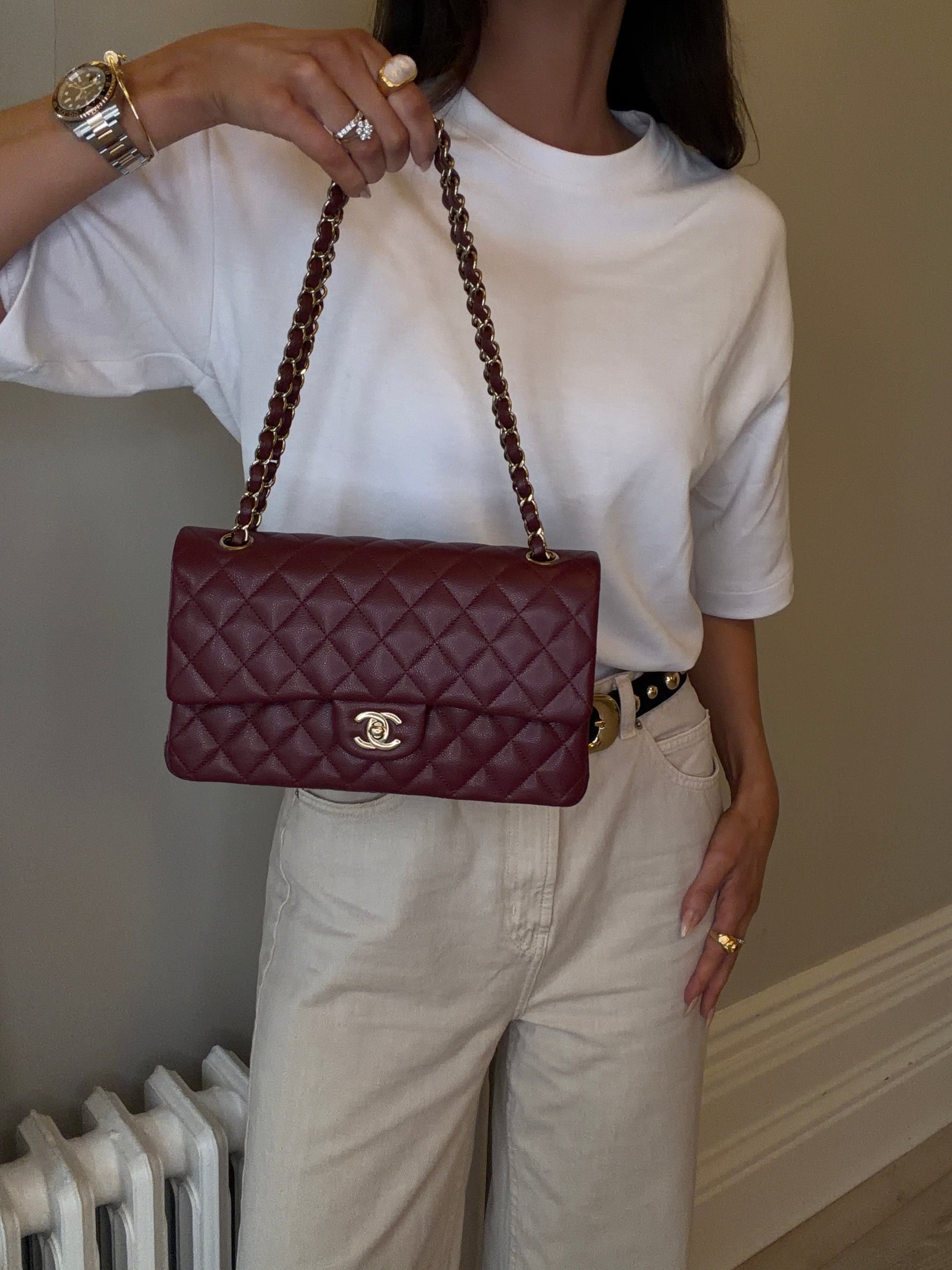 Chanel Medium Classic Quilted Flap Burgundy Caviar Leather With Gold Hardware Authentic and preloved in very good condition