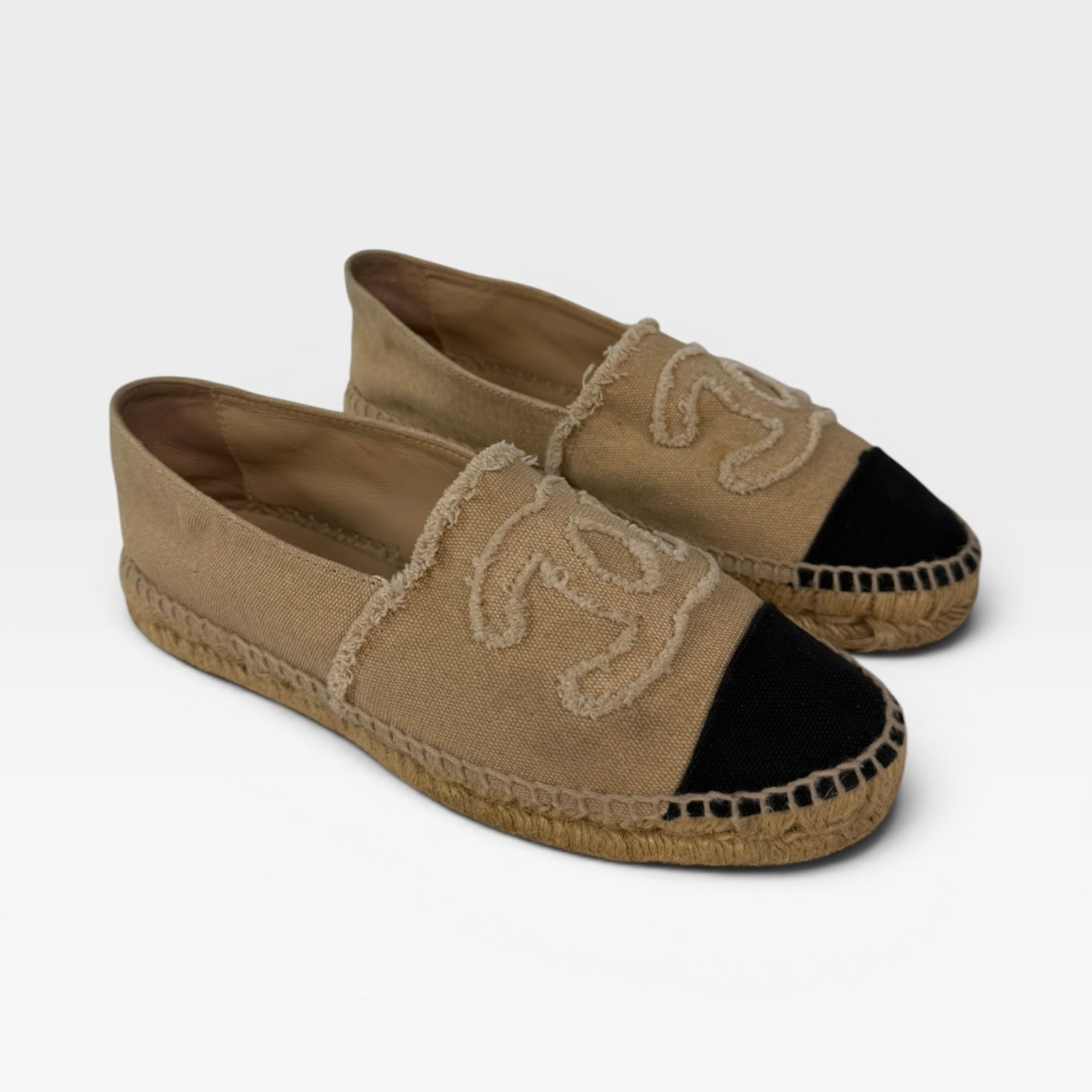 Chanel Espadrilles In Black & Beige Embroidered Fabric (Size 36/ UK3). 100% authentic and preloved in excellent condition