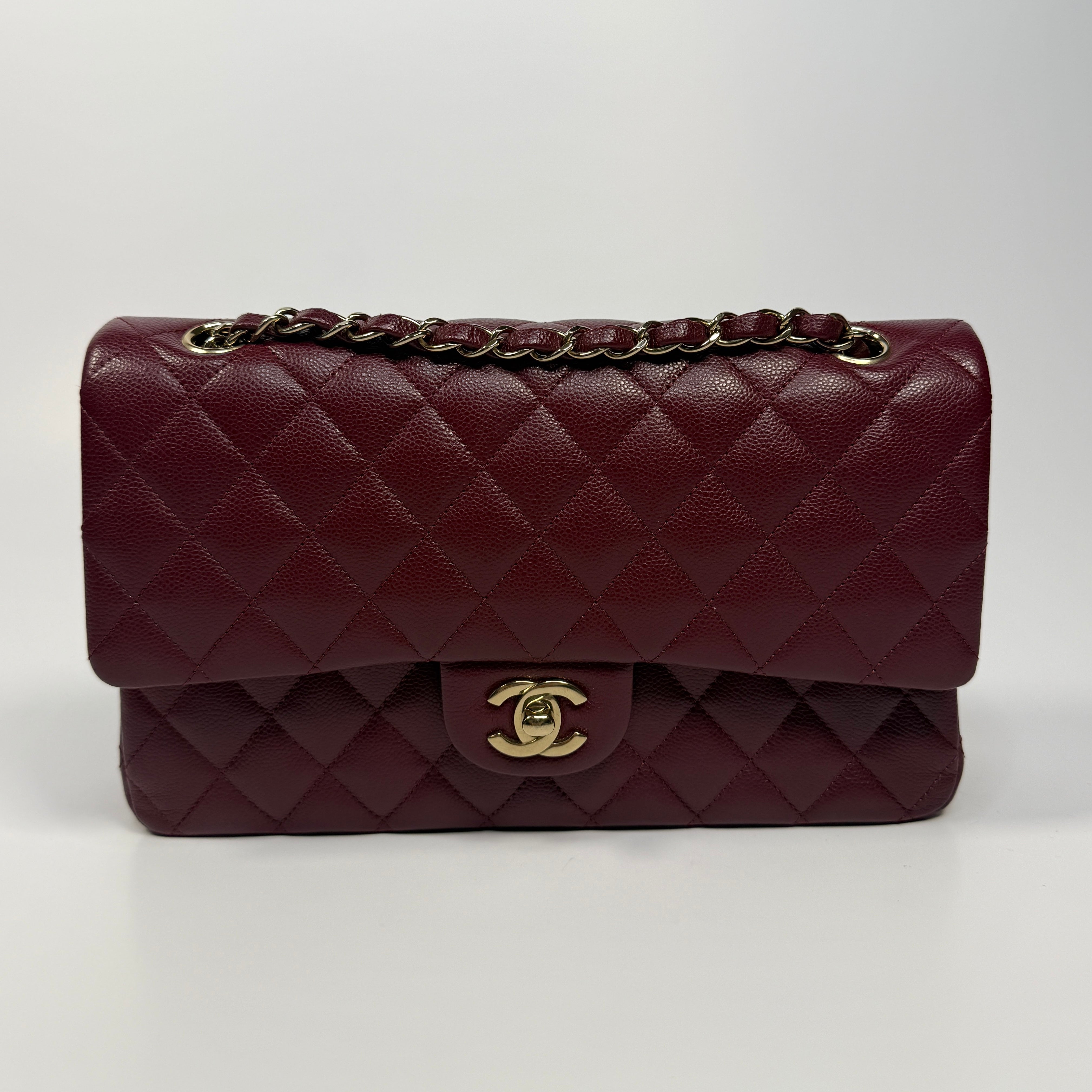 Chanel Medium Classic Quilted Flap Burgundy Caviar Leather With Gold Hardware Authentic and preloved in very good condition