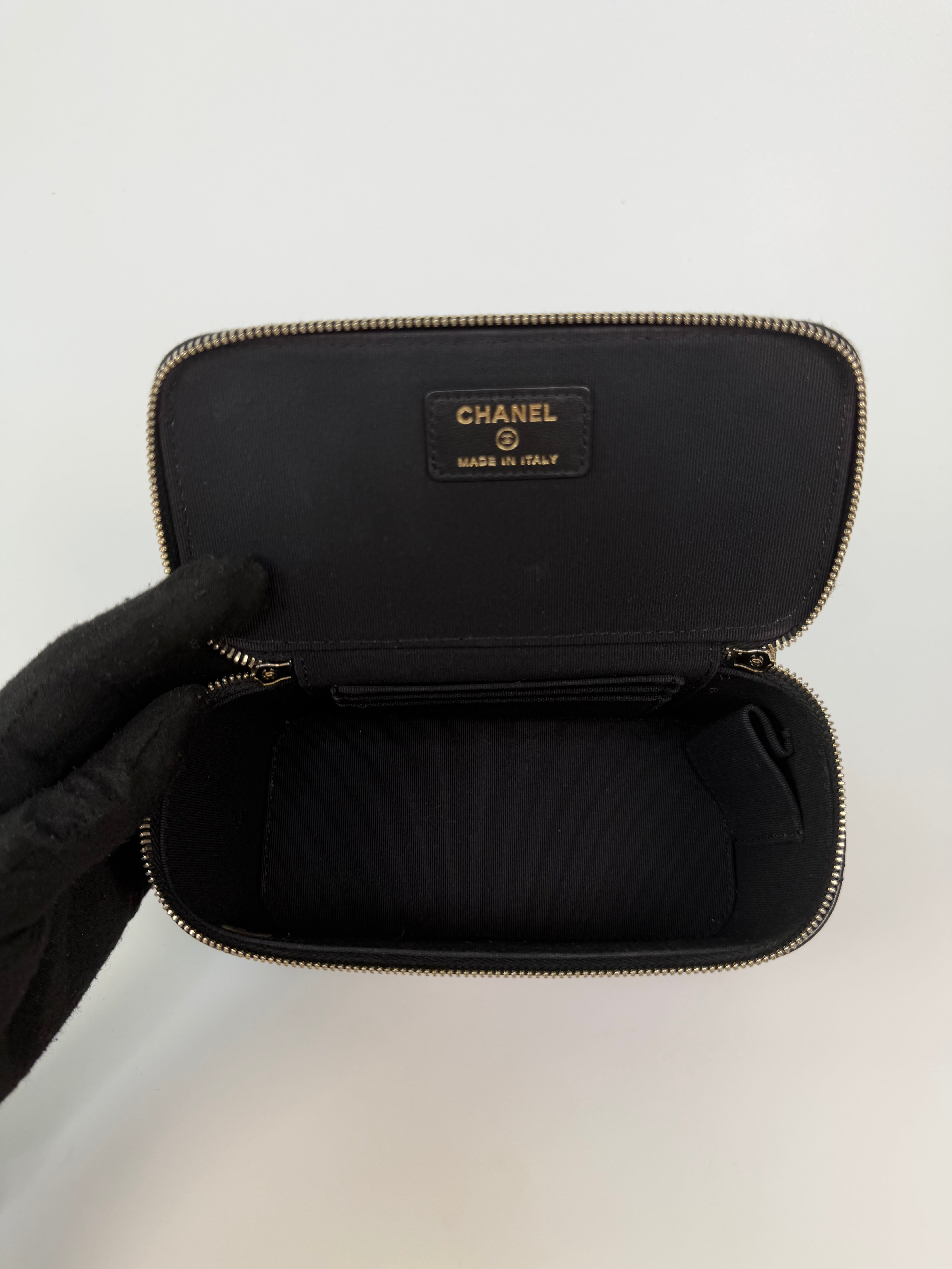 Chanel Vanity Top Handle In Black Lambskin With Pale Gold Hardware