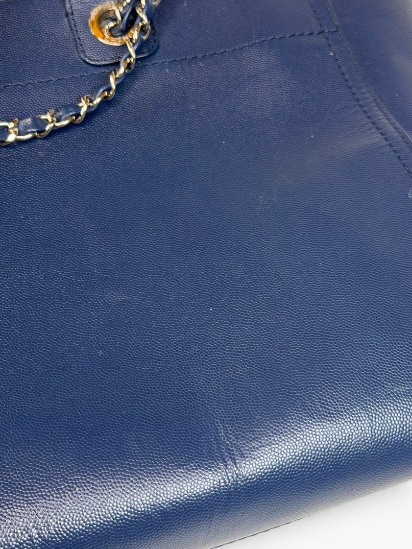 Chanel Medium Deauville In Blue Leather With Silver Hardware. Authentic and preloved in very good condition. 100% Luxe guarantee