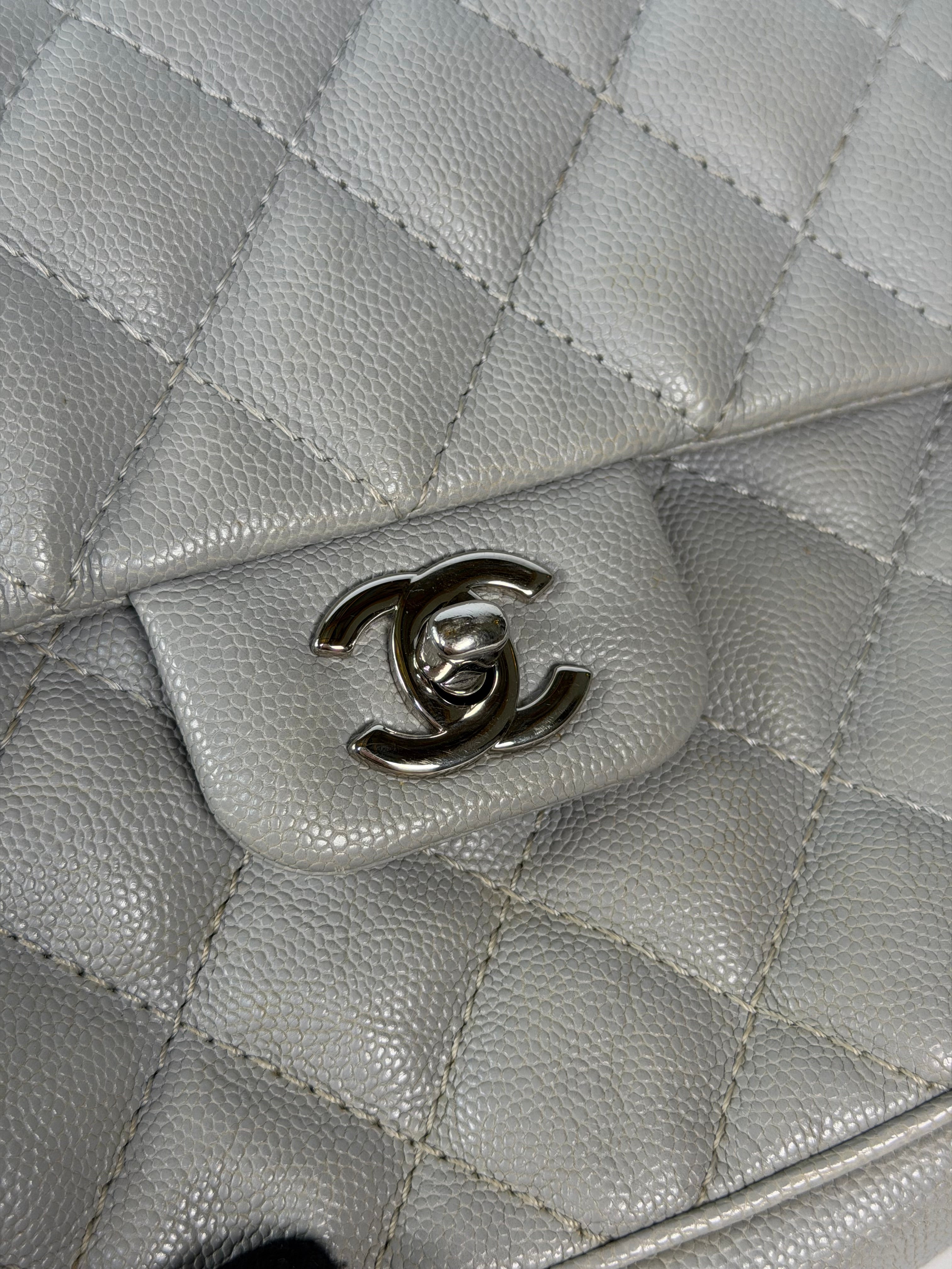 Chanel Mini Flap Bag In Glacier Grey Caviar Leather With Silver Hardware