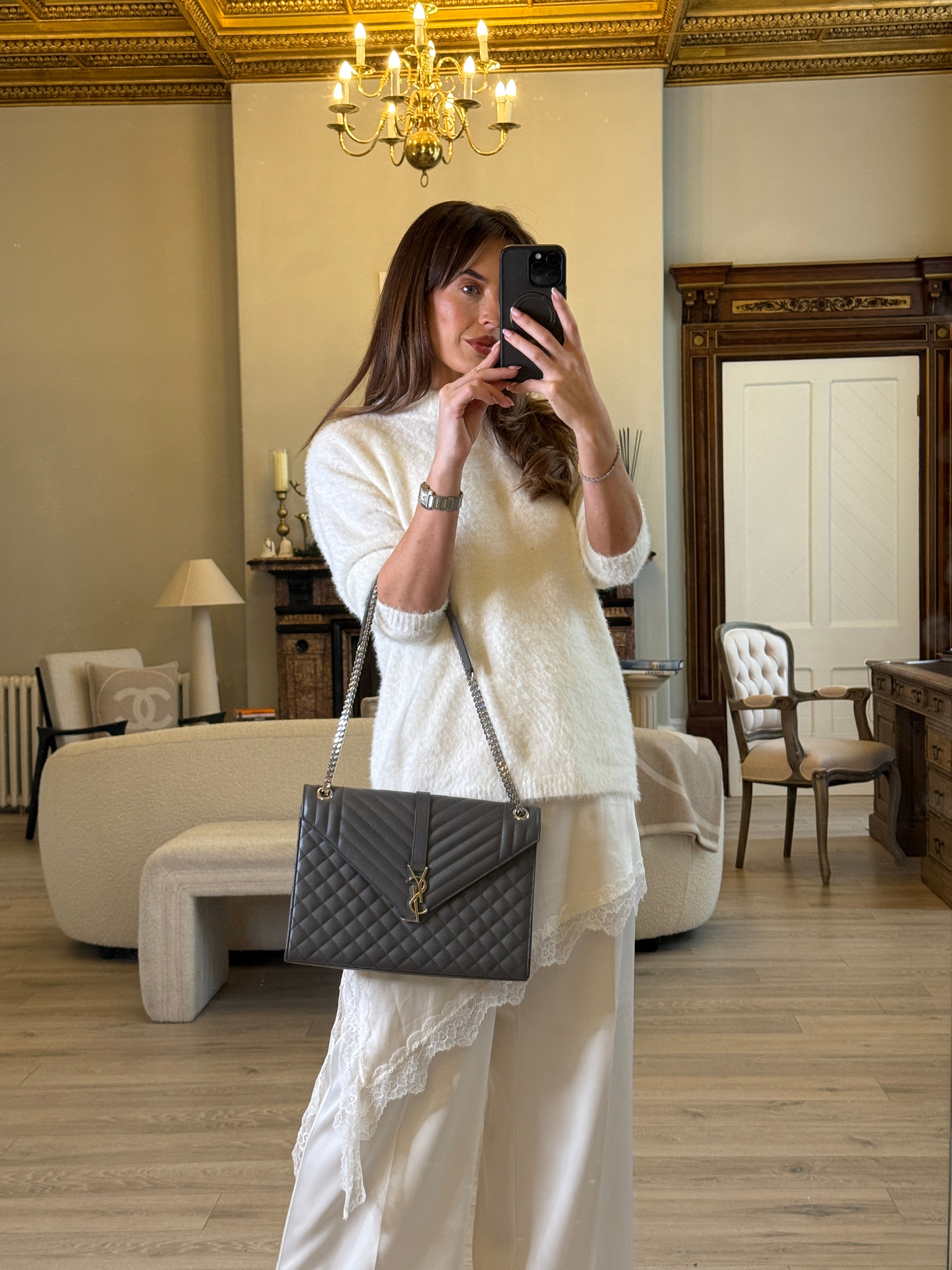 Saint Laurent Large Envelope Shoulder Bag In Grey Grained Leather With Silver Hardware. Excellent condition. Authentic and preloved.