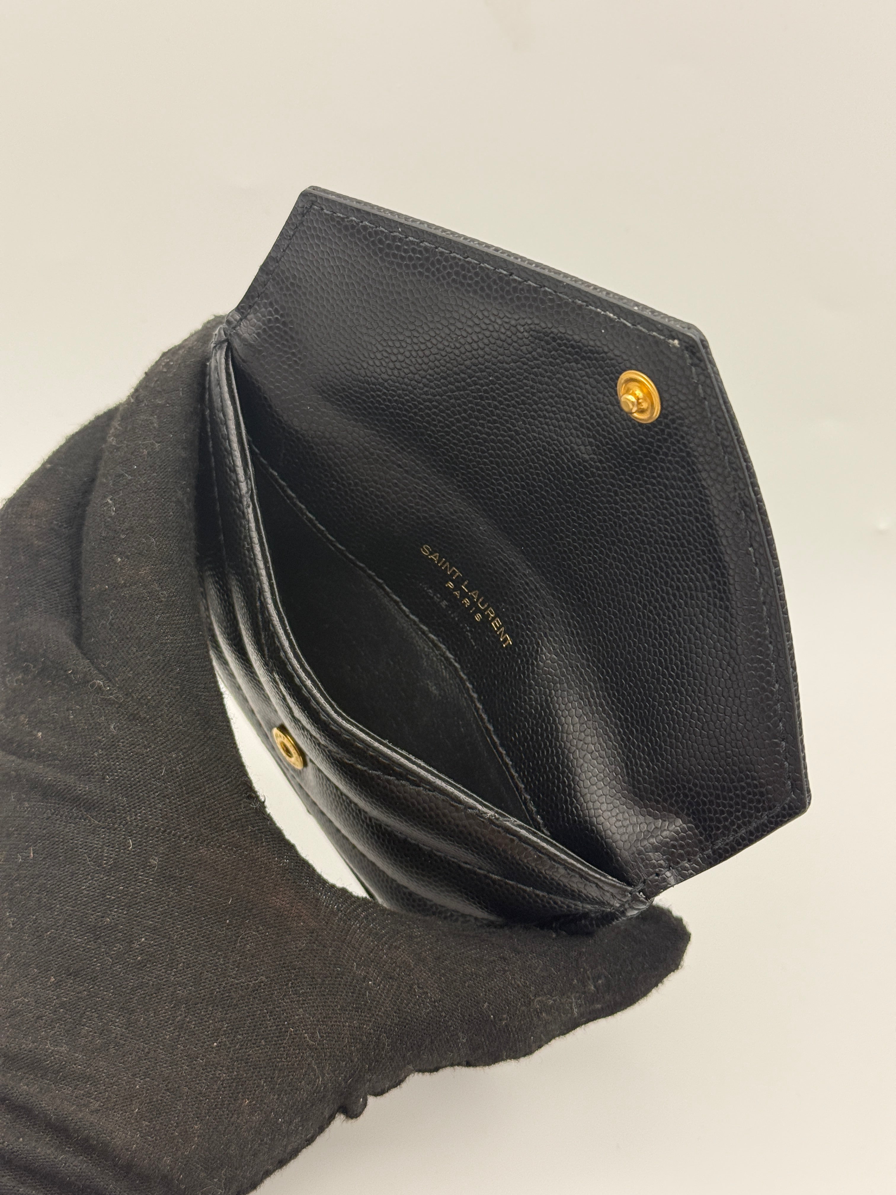 Saint Laurent Monogram Fragments Metalassé Card Holder Black Leather Gold Hardware. Authentic and preloved. Excellent Condition. 100% Authenticity guarantee