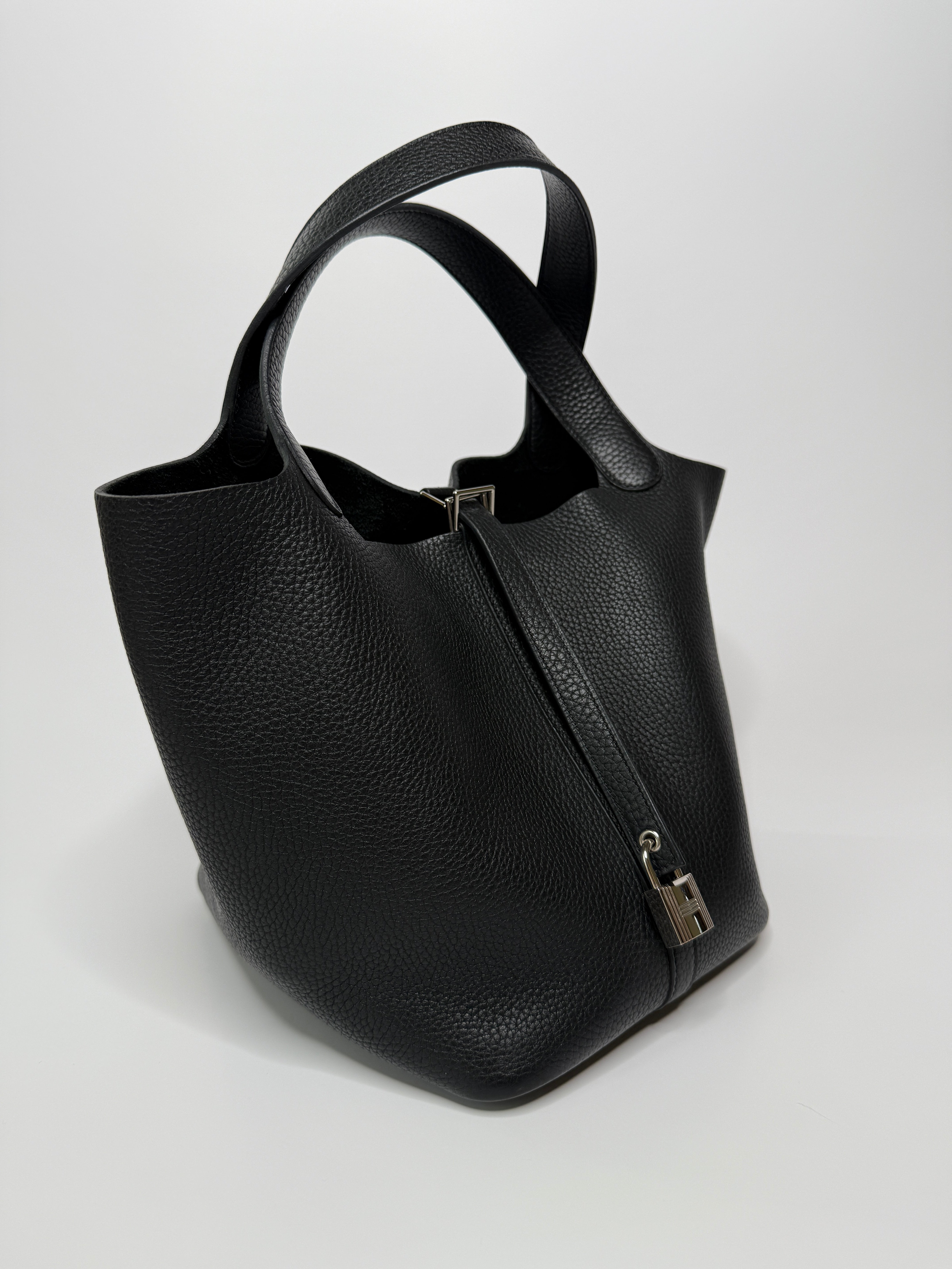 Authentic Pre Loved Hermès Picotin 22 In Black Clemence Leather With Palladium Hardware Very Good Condition