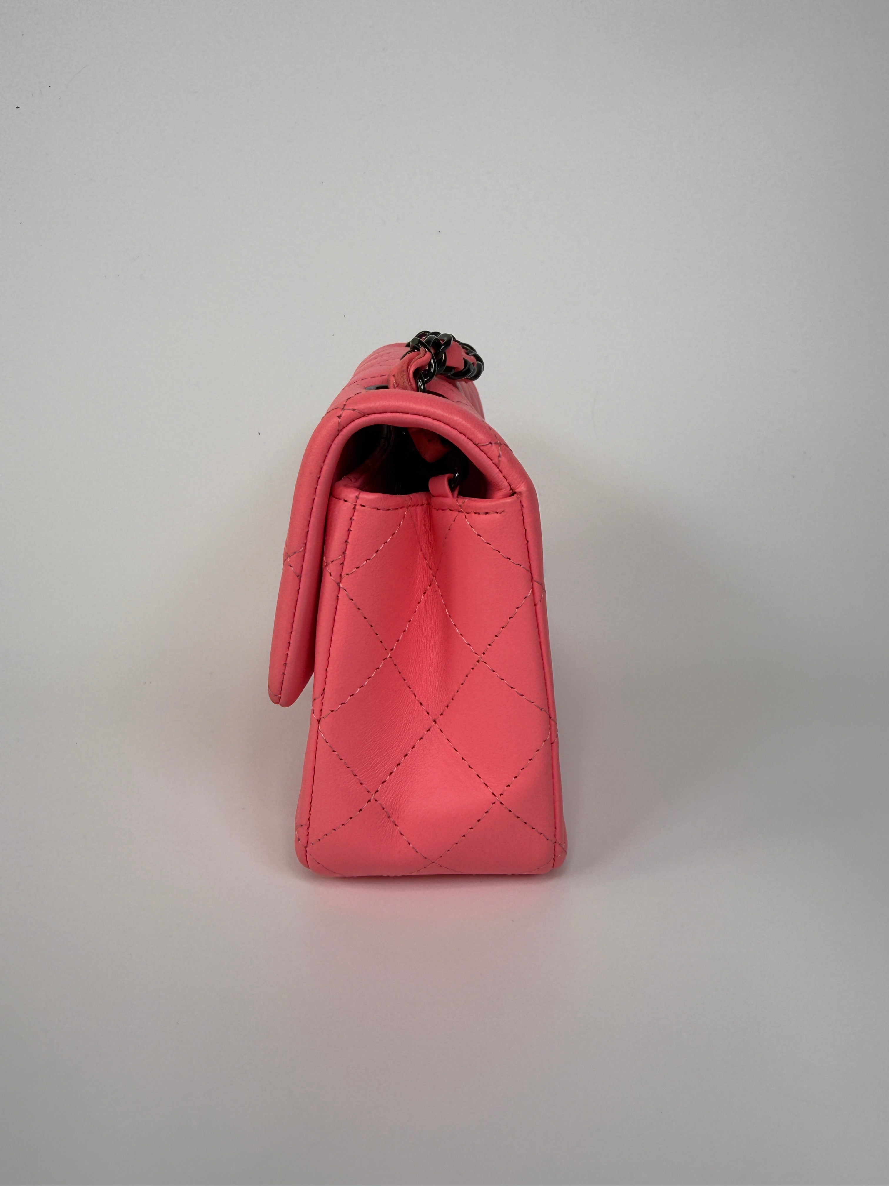 Chanel Mini Rectangle Flap Bag In Pink Lambskin With Black Hardware In Excellent Condition. Authentic and preloved.