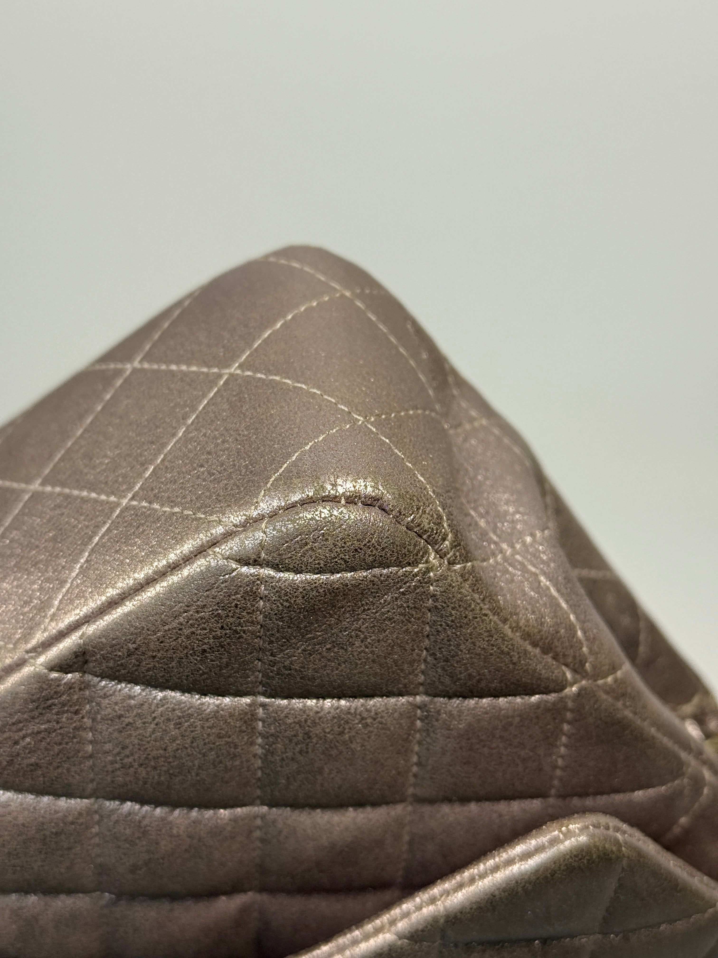 Authentic pre-loved Chanel Iridescent Rose Medium Classic Double Flap With Gold Hardware.