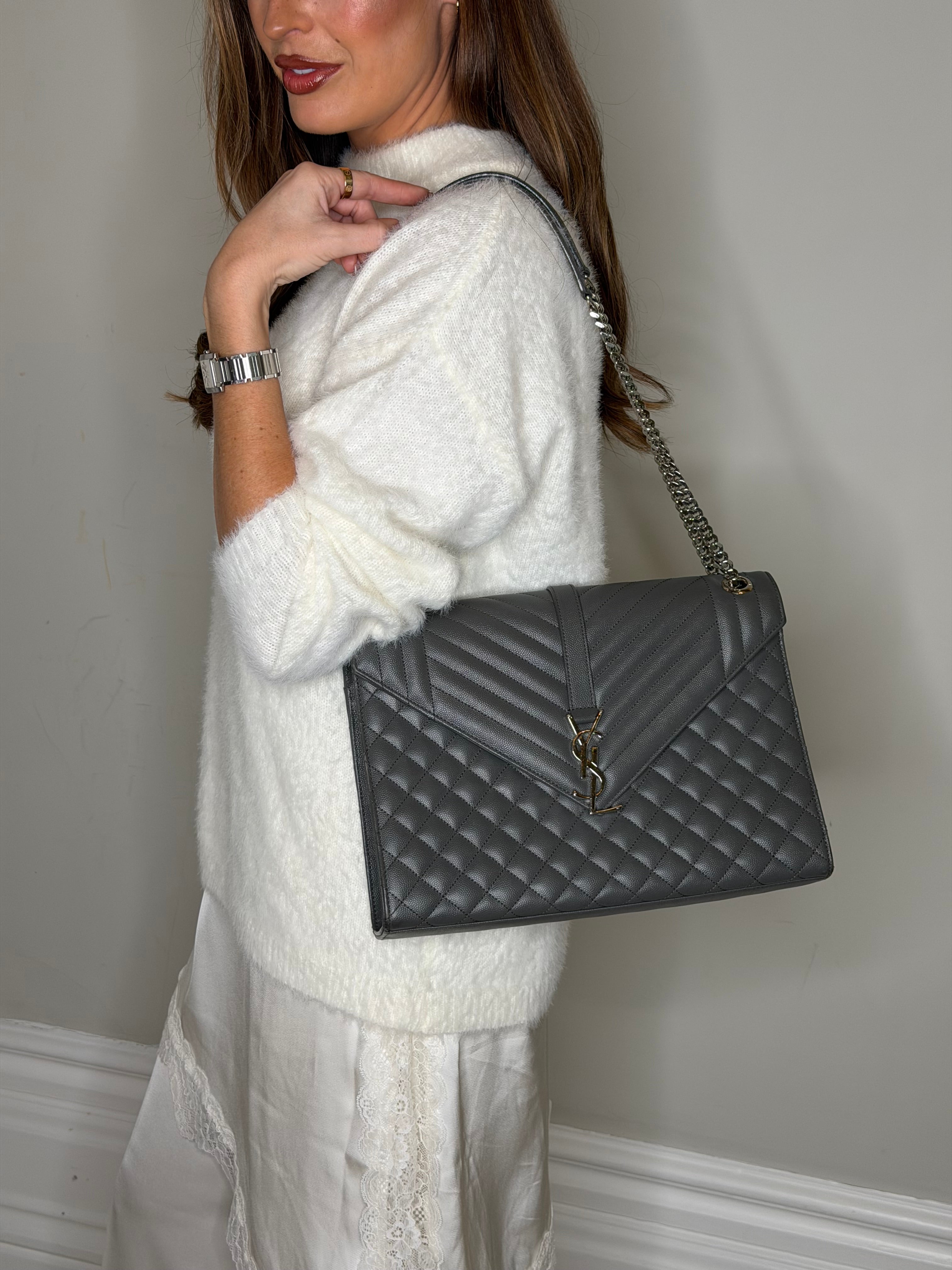 Saint Laurent Large Envelope Shoulder Bag In Grey Grained Leather With Silver Hardware. Excellent condition. Authentic and preloved.