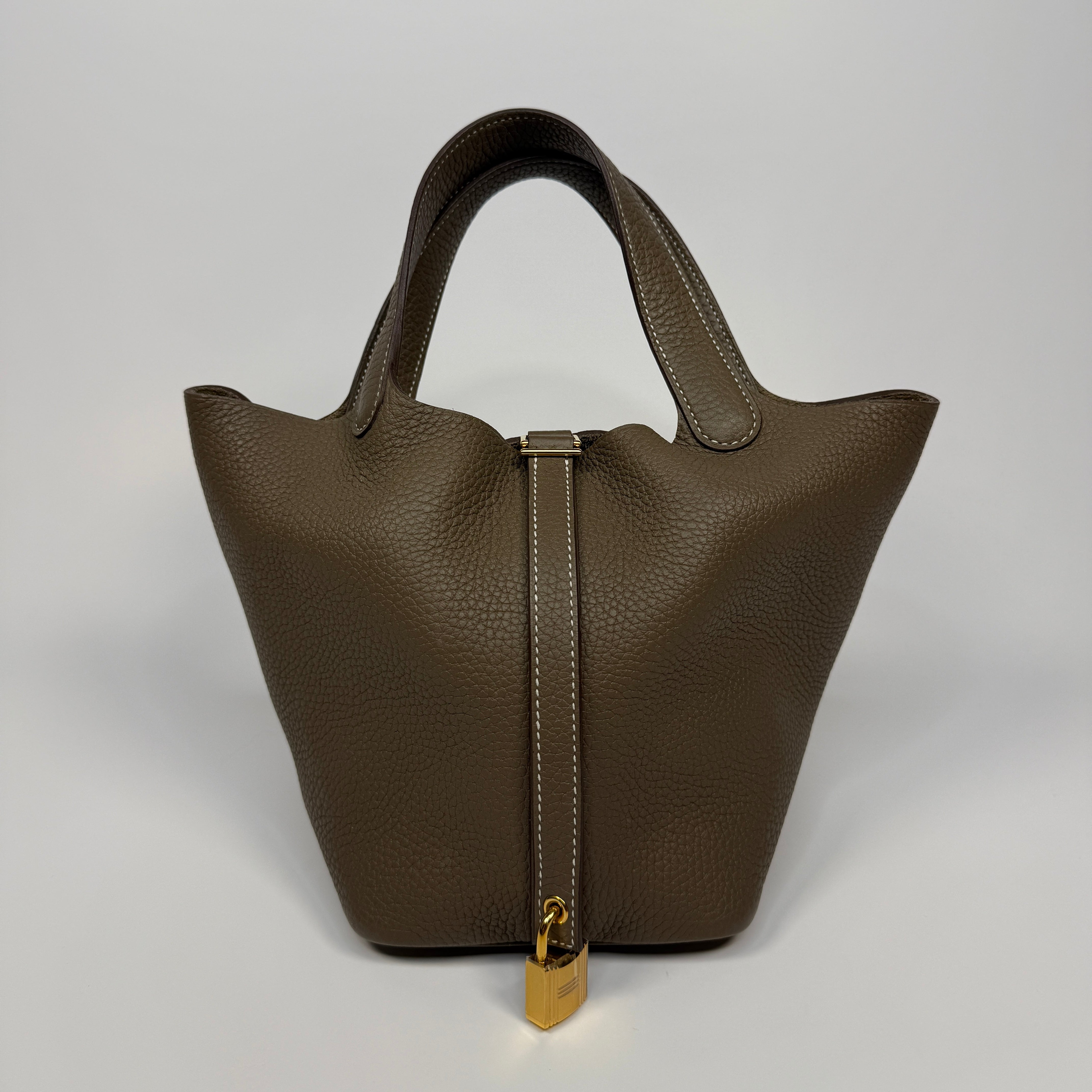 Authentic Pre Loved Hermès Picotin 18 In Etoupe Clemence Leather With Gold Hardware Excellent Condition