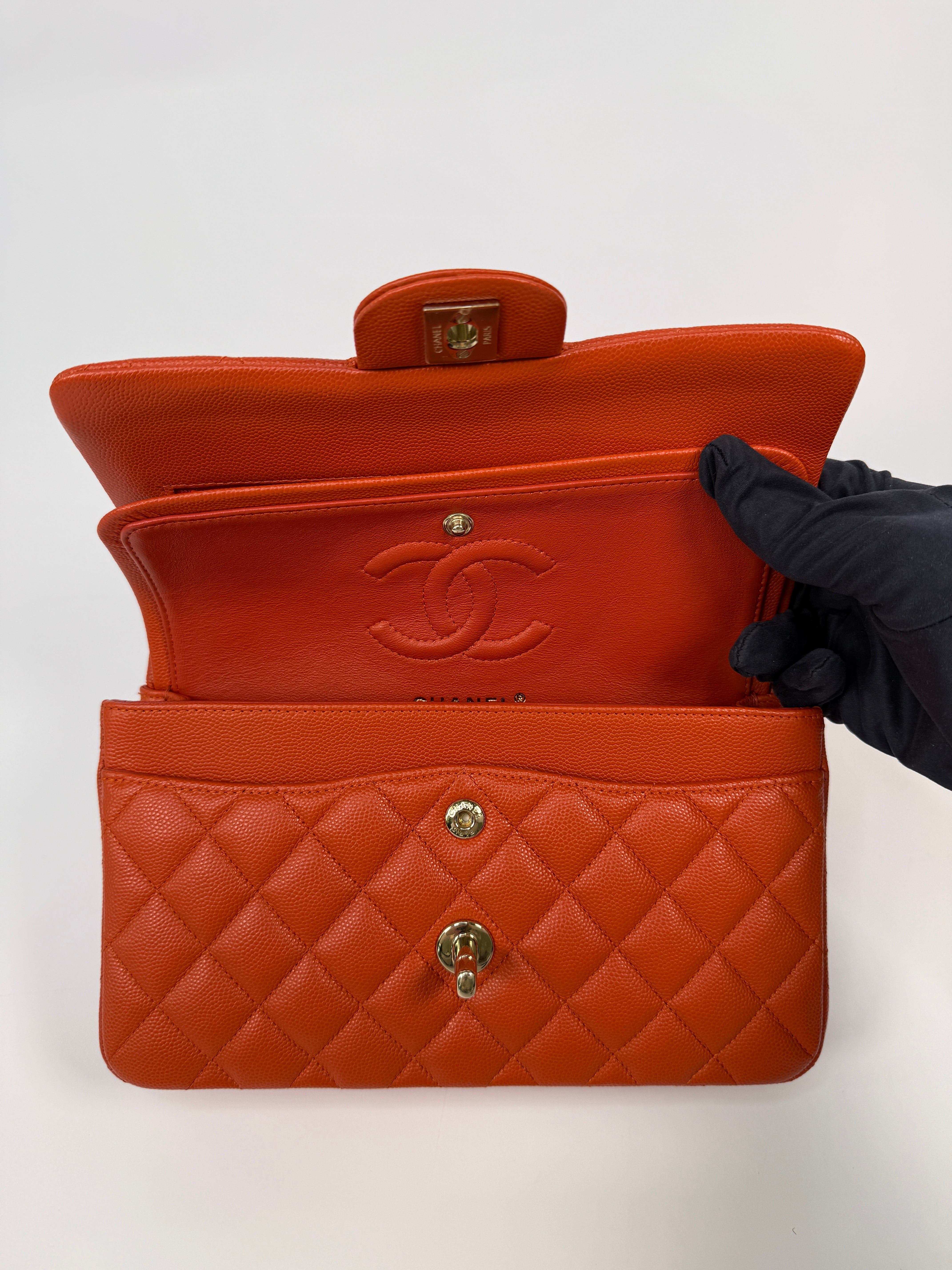 Chanel Small Classic Double Flap In Orange/Red Caviar Leather With PGHW