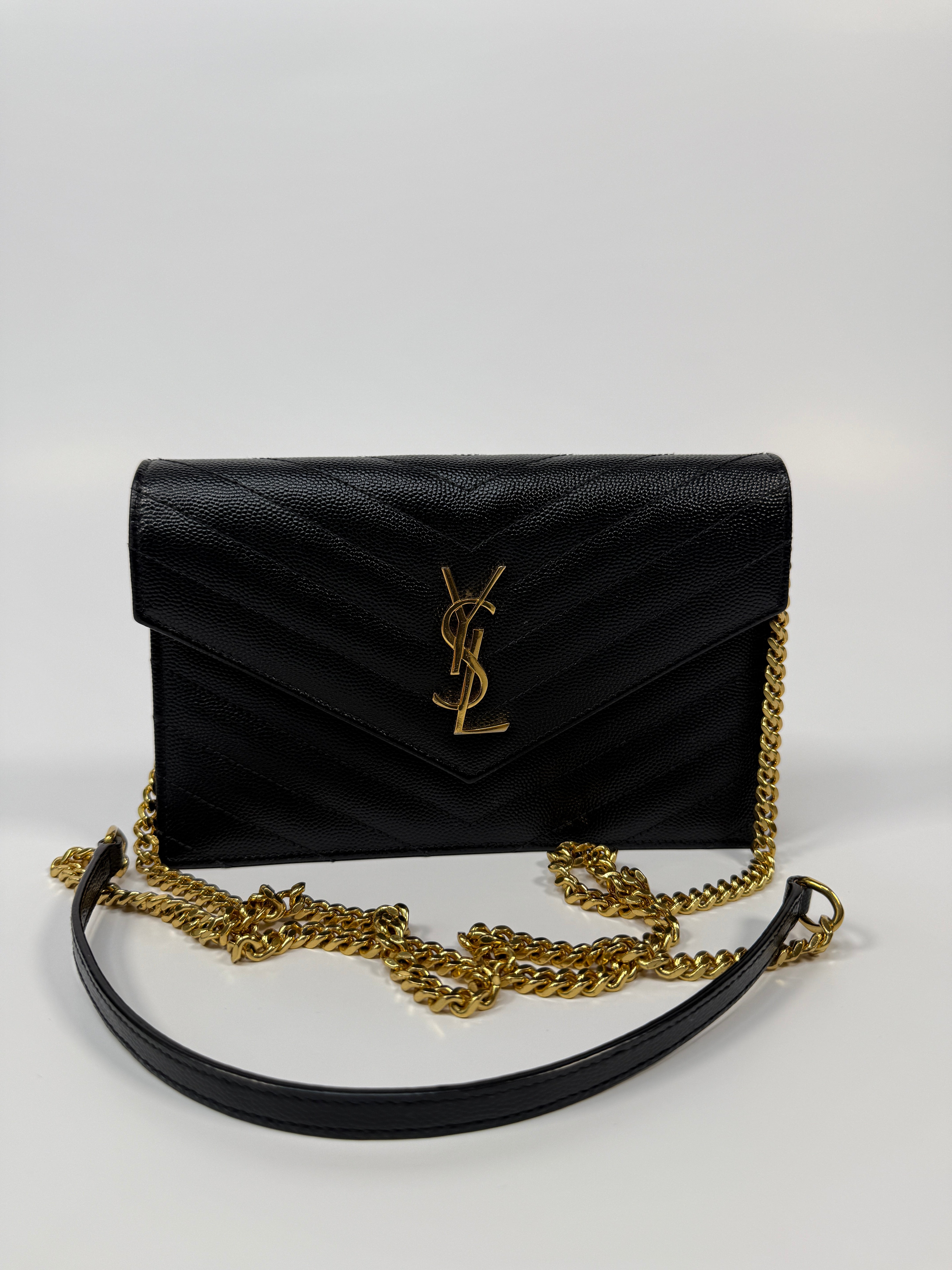 Saint Laurent Cassandre Matelassé Textured- Leather Wallet On Chain
