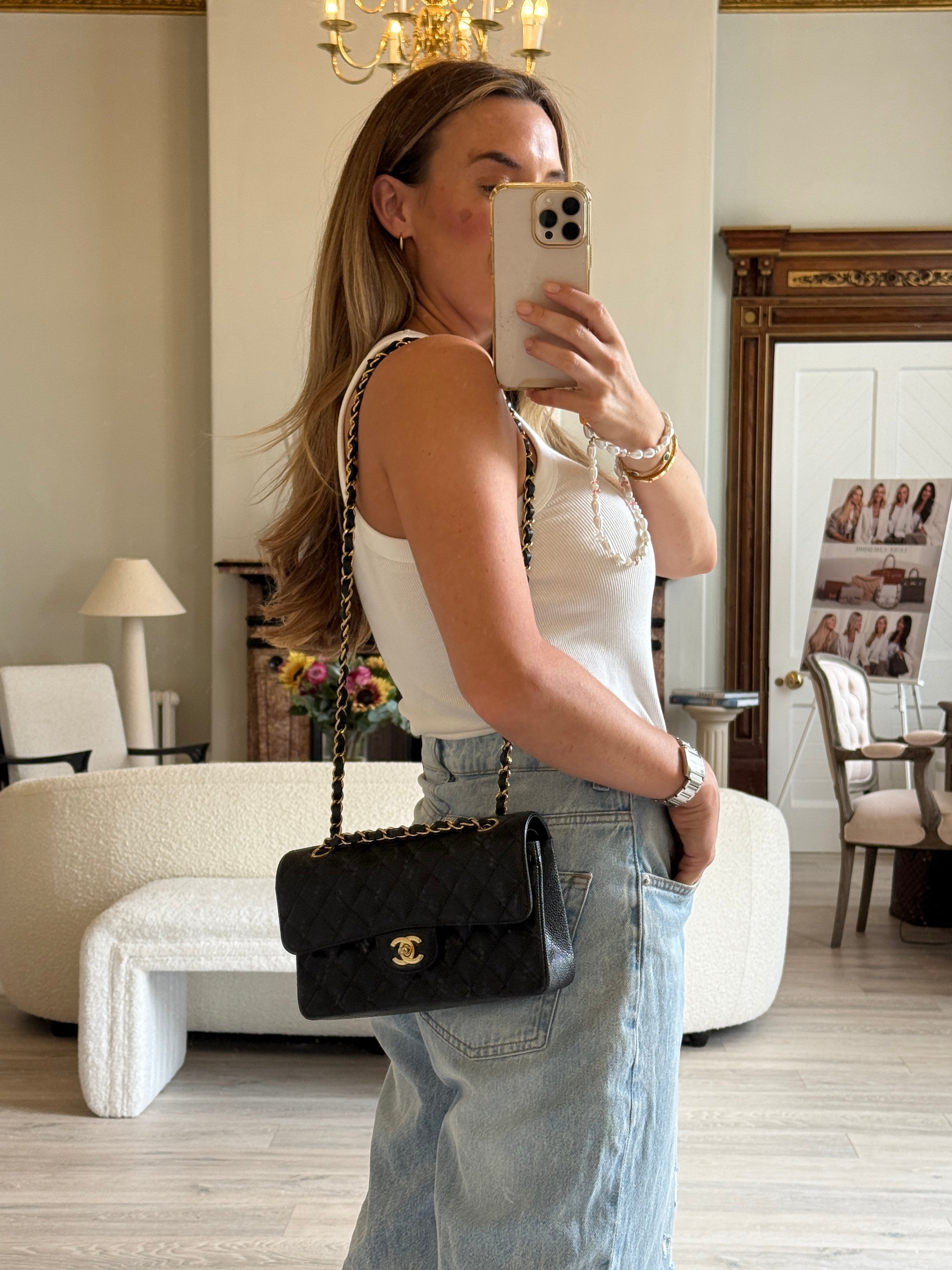 Chanel Small Classic Double Flap In Black Caviar Leather With GHW