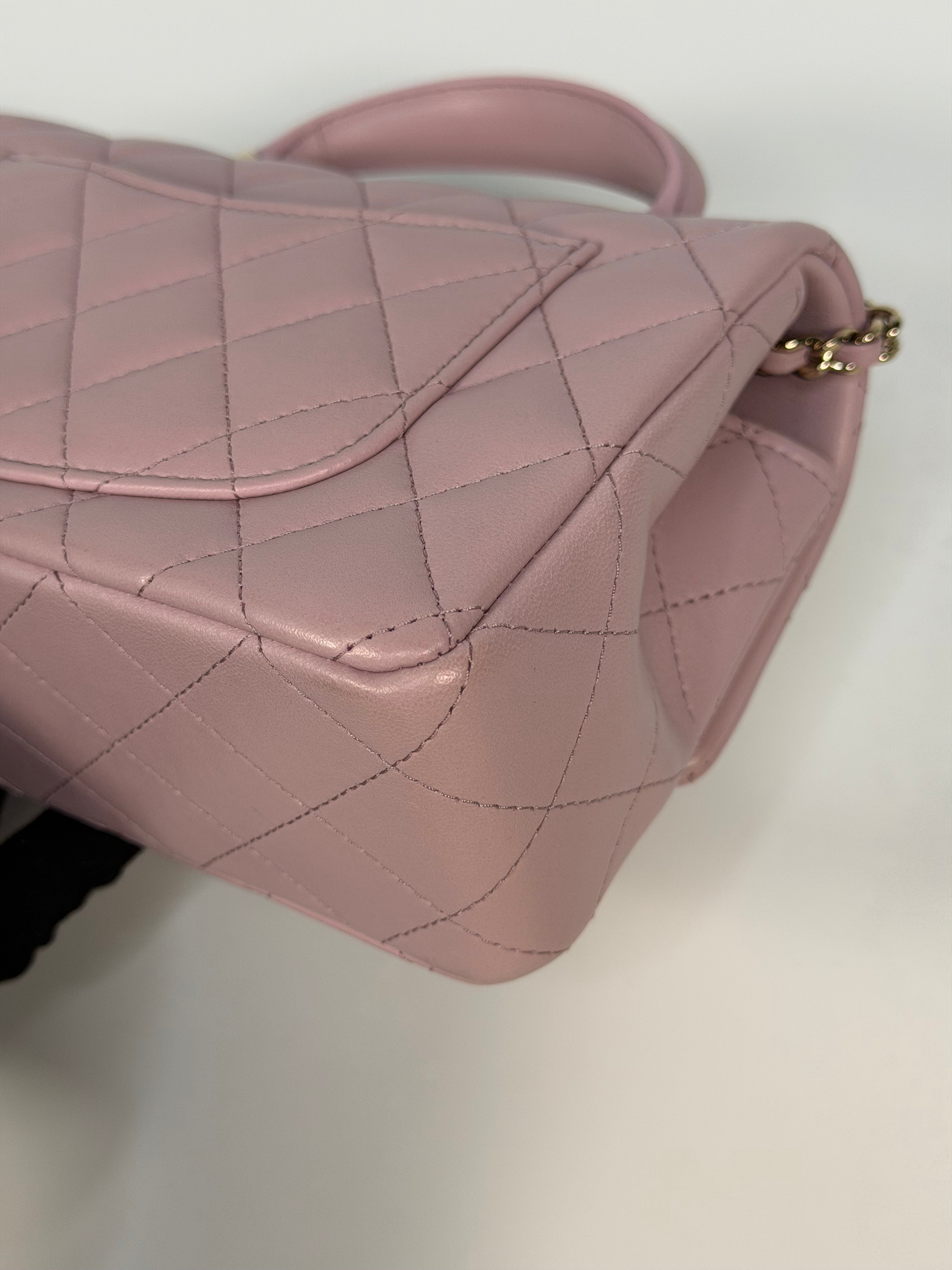 Chanel Mini Rectangle Top Handle In Pink Lambskin Leather With Pale Gold Hardware. 100% authentic and preloved in excellent condition