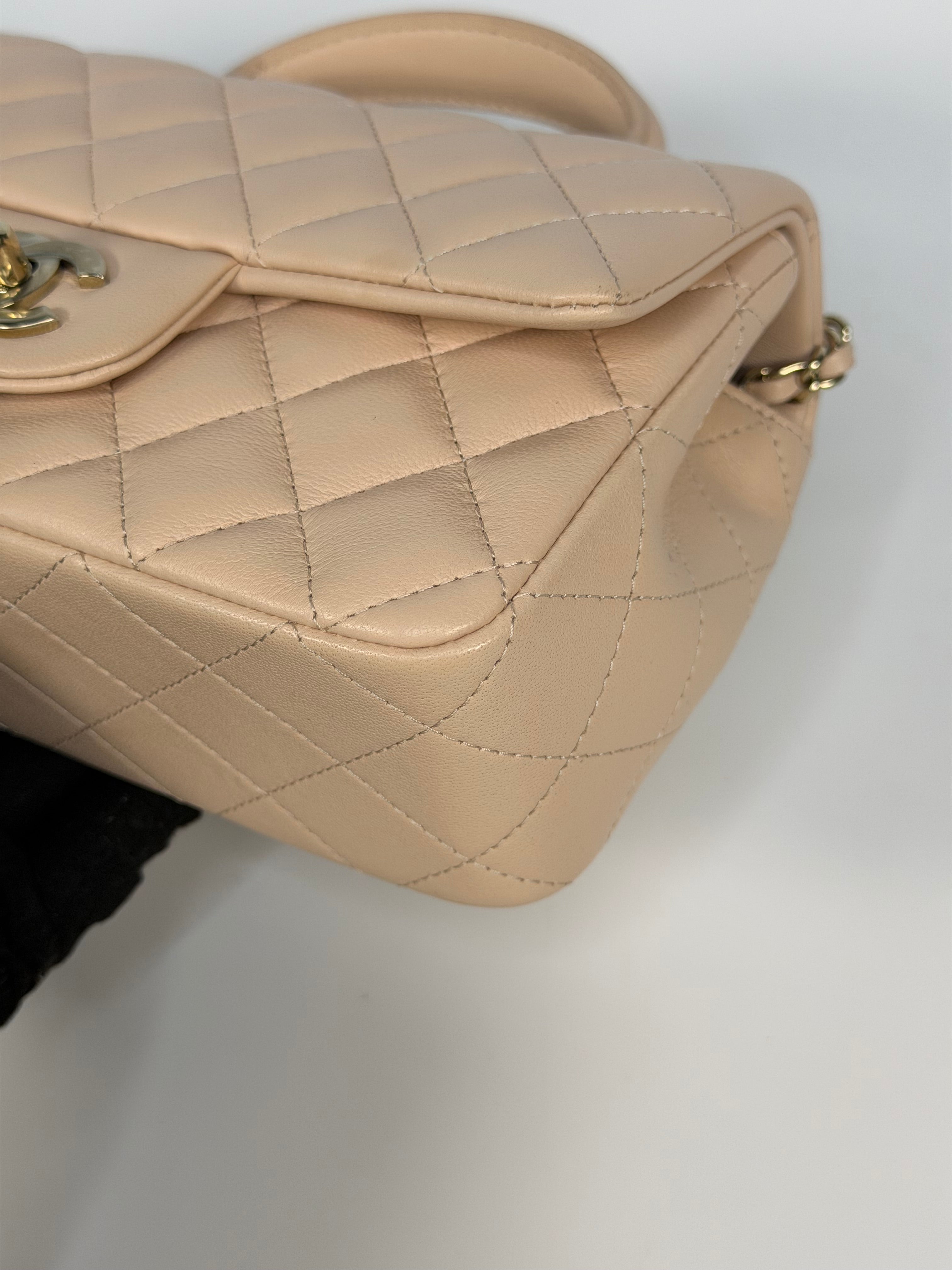 Chanel Mini Rectangle Top Handle In Light Beige Lambskin Leather With Gold Hardware