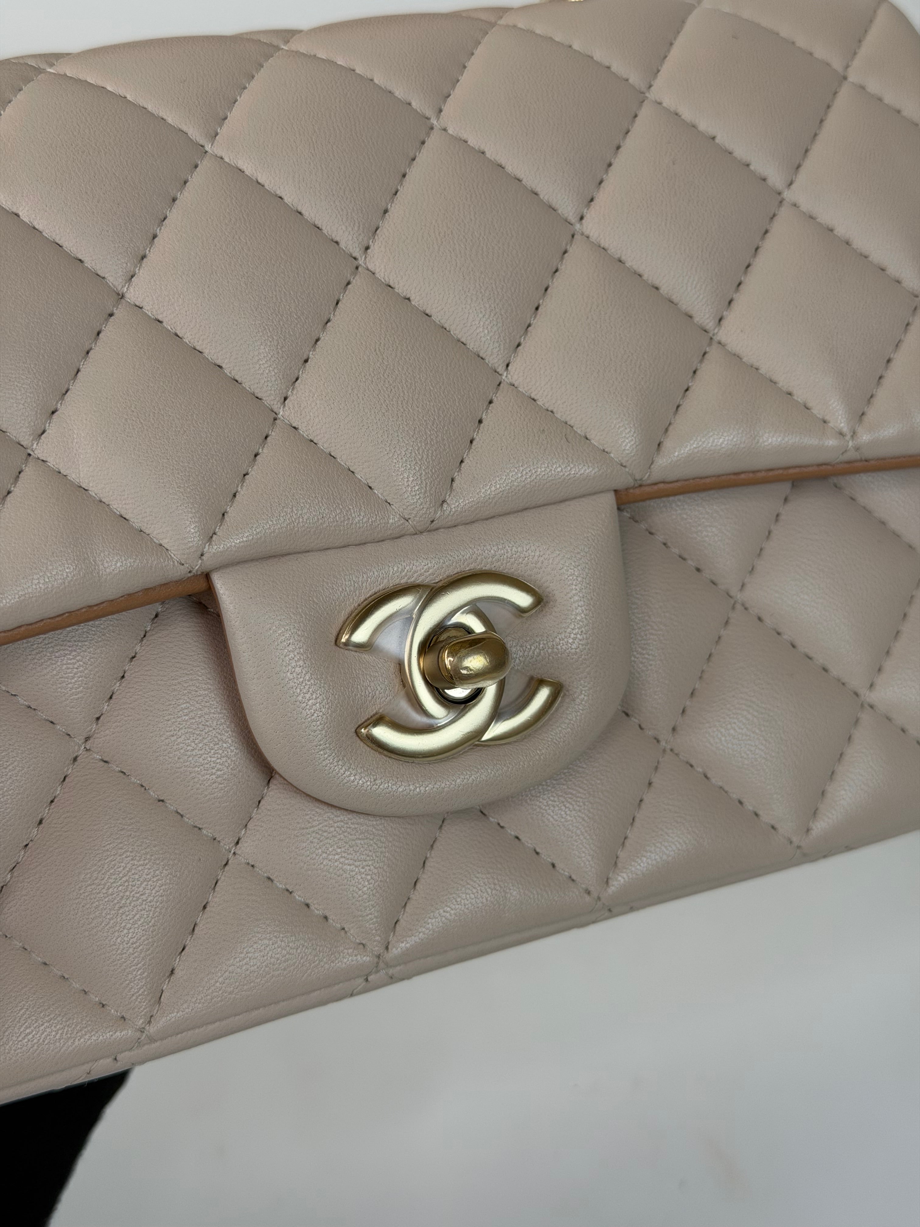 Chanel Mini Rectangle Top Handle Light Beige Lambskin Pale Gold Hardware in excellent condition 100% authentic and preloved