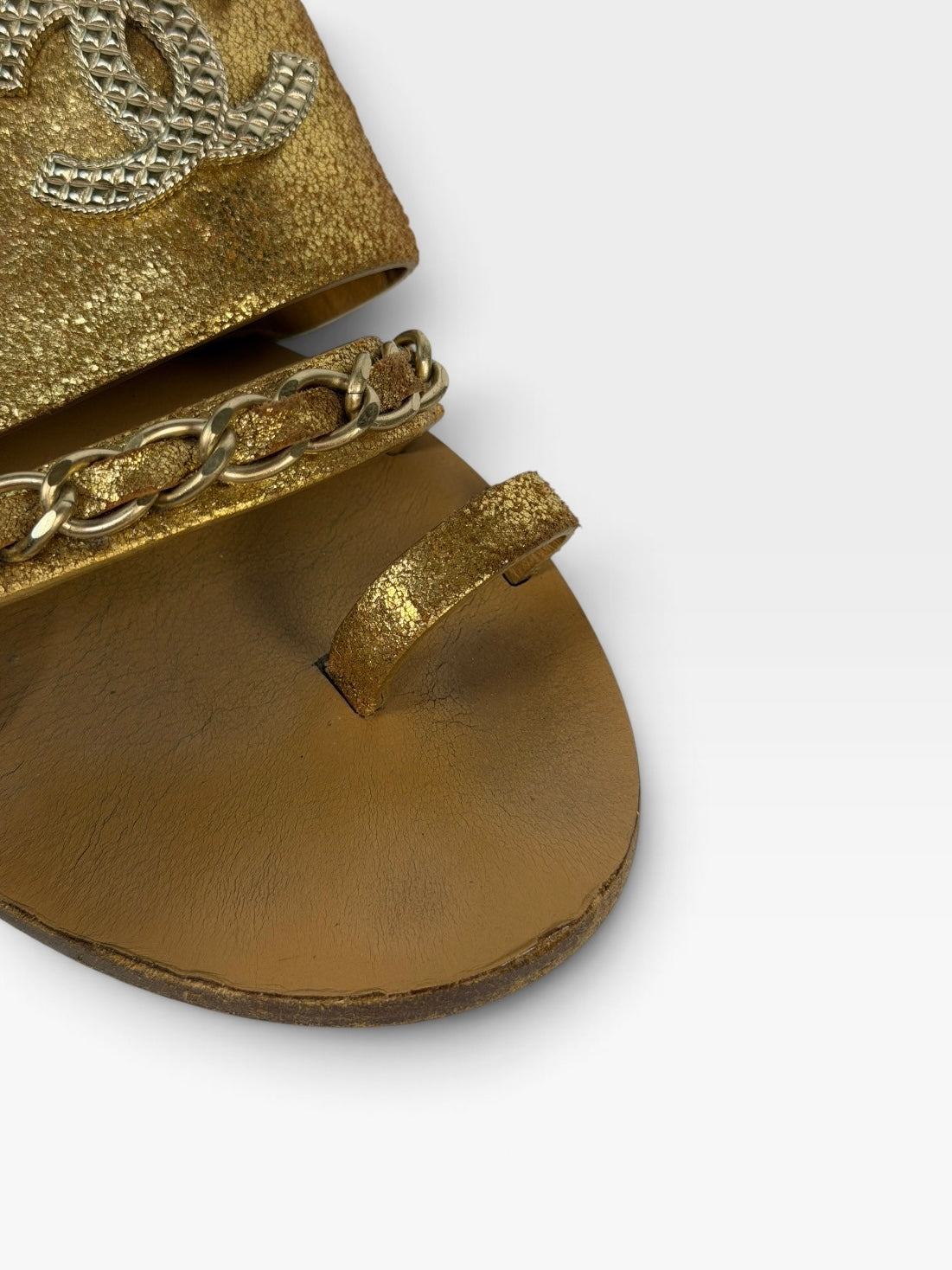 Chanel Sandals In Metallic Gold (Size 39.5/UK 6.5) 100% authentic and preloved in excellent condition