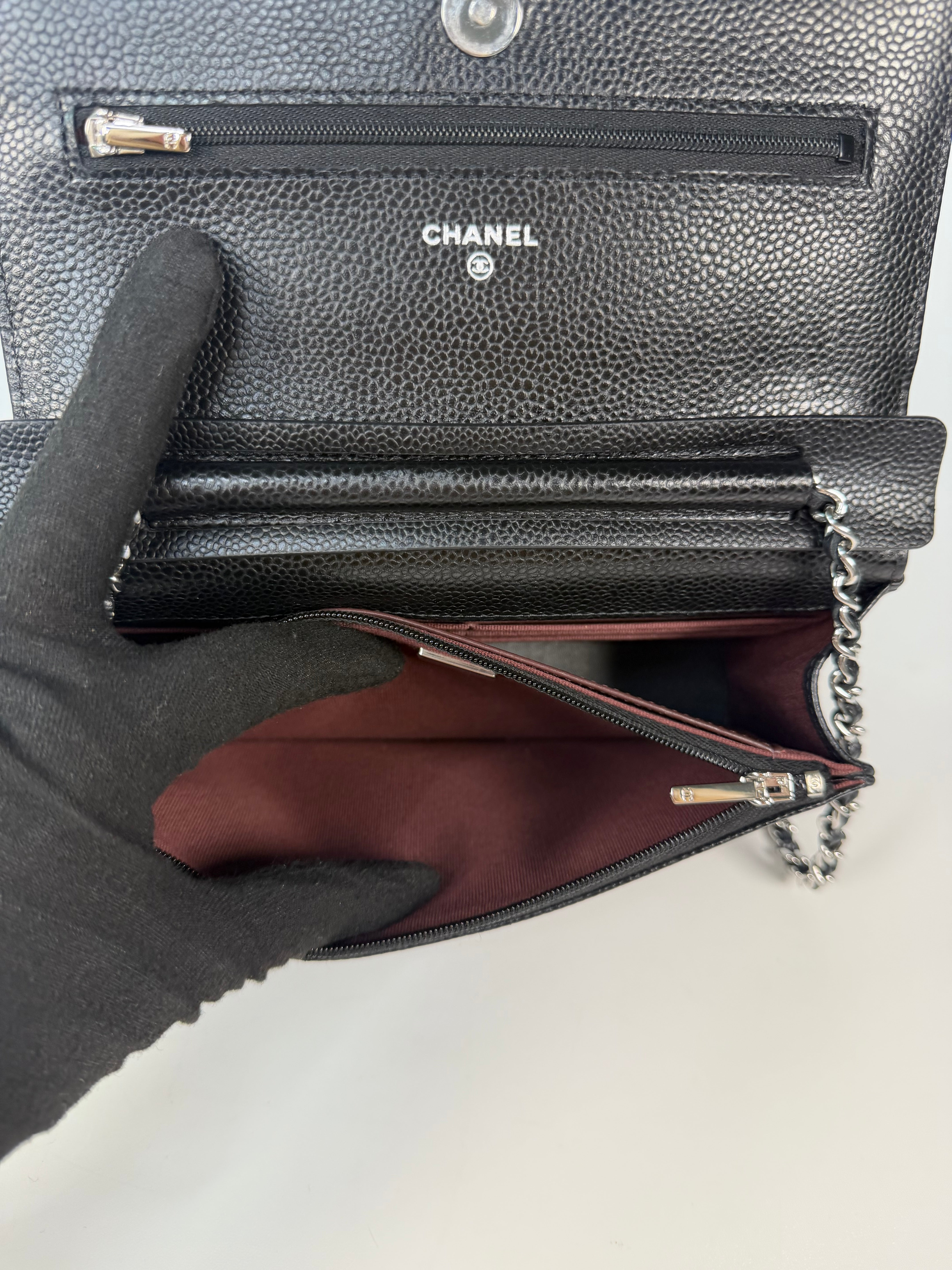 Chanel Wallet On Chain In Black Caviar With Silver Hardware in excellent condition 100% authentic and preloved