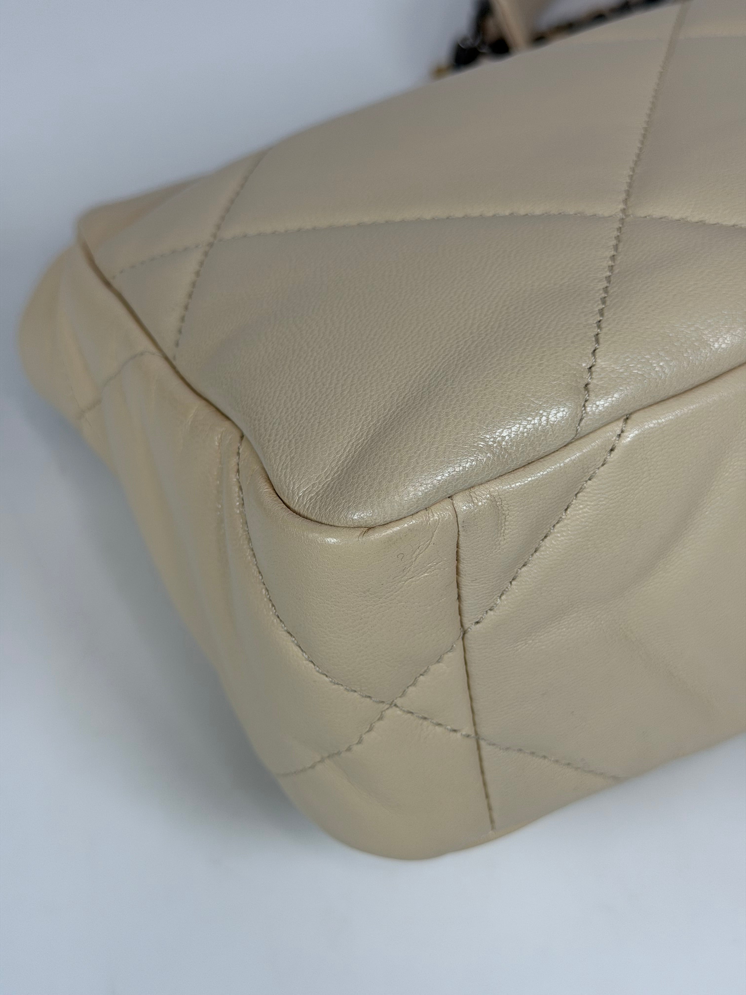 Chanel 19 Small In Beige Leather With Mixed Hardware. Authentic and preloved in excellent condition. Verified by Luxe Cheshire.