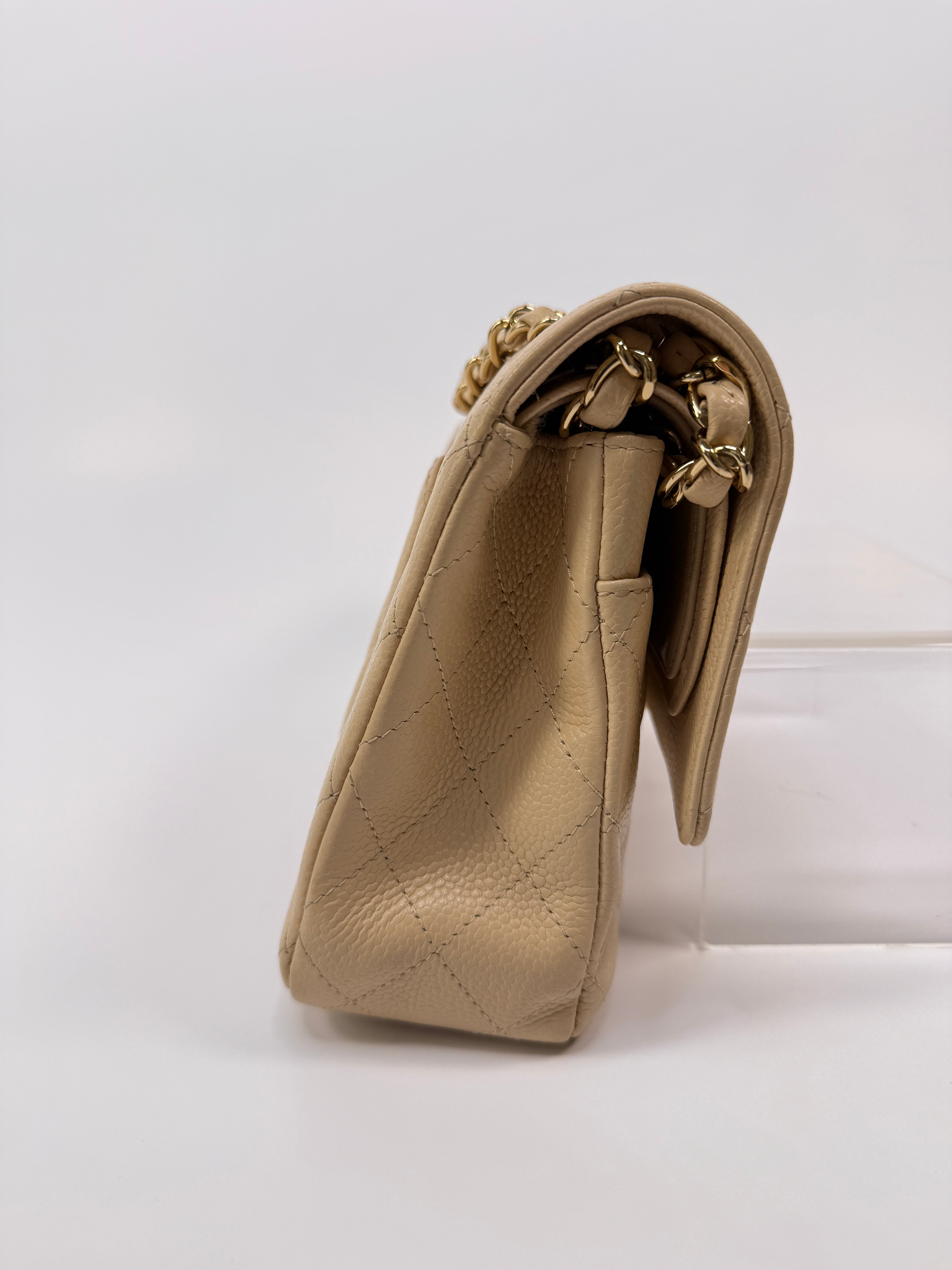 Chanel Medium Classic Double Flap Beige Caviar Leather With Gold Hardware
Pre Loved & Authentic