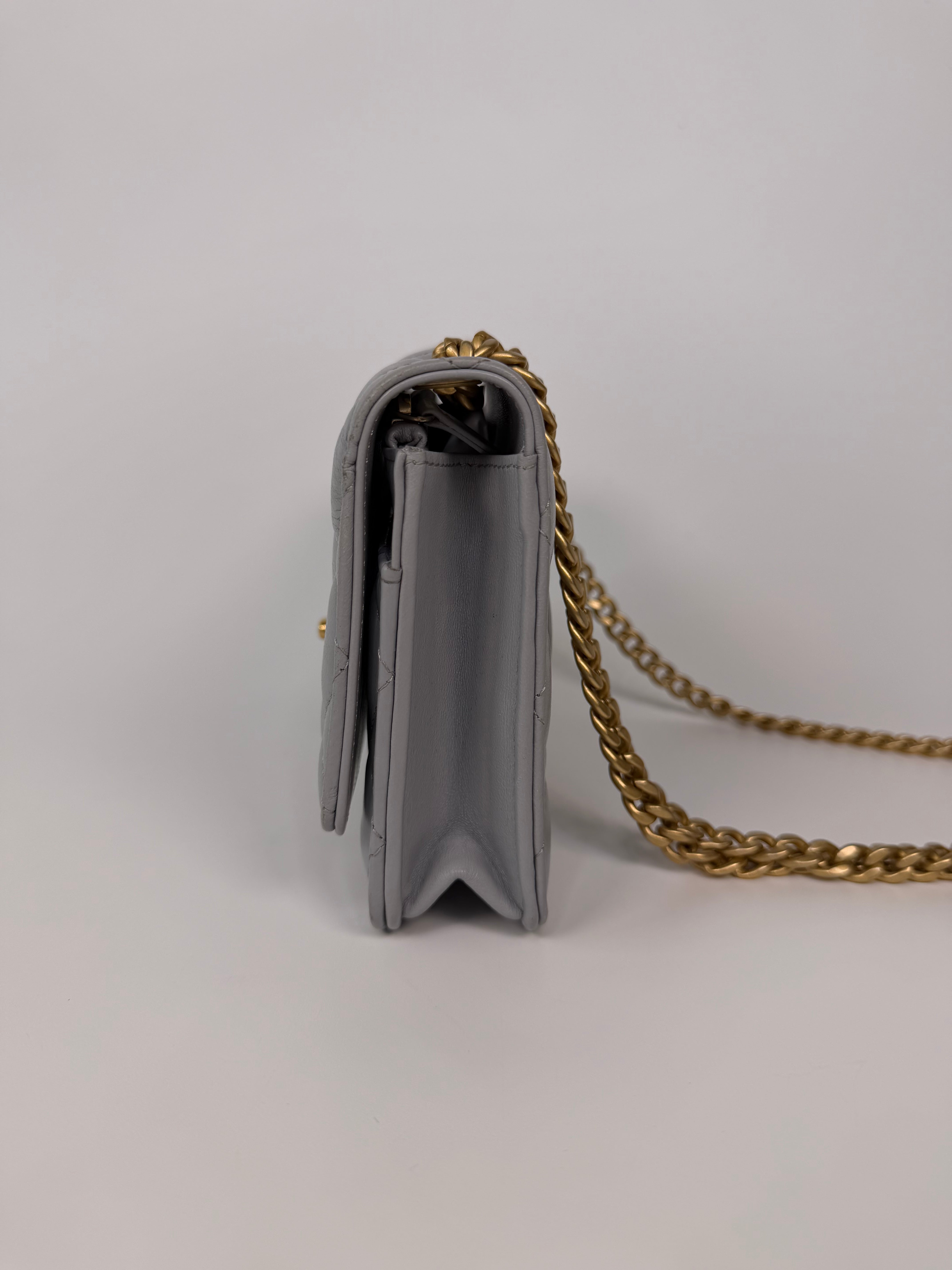 Chanel Pearl Crush Wallet On Chain In Grey Lambskin Leather With Gold Hardware