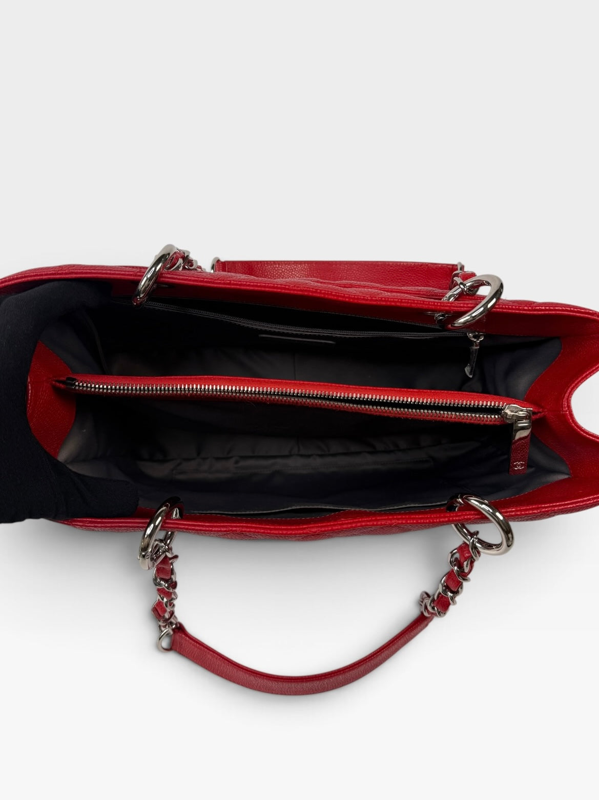 Chanel Grand Shopper Tote In Red Caviar Leather With Silver Hardware. 100% authentic and preloved in very good condition