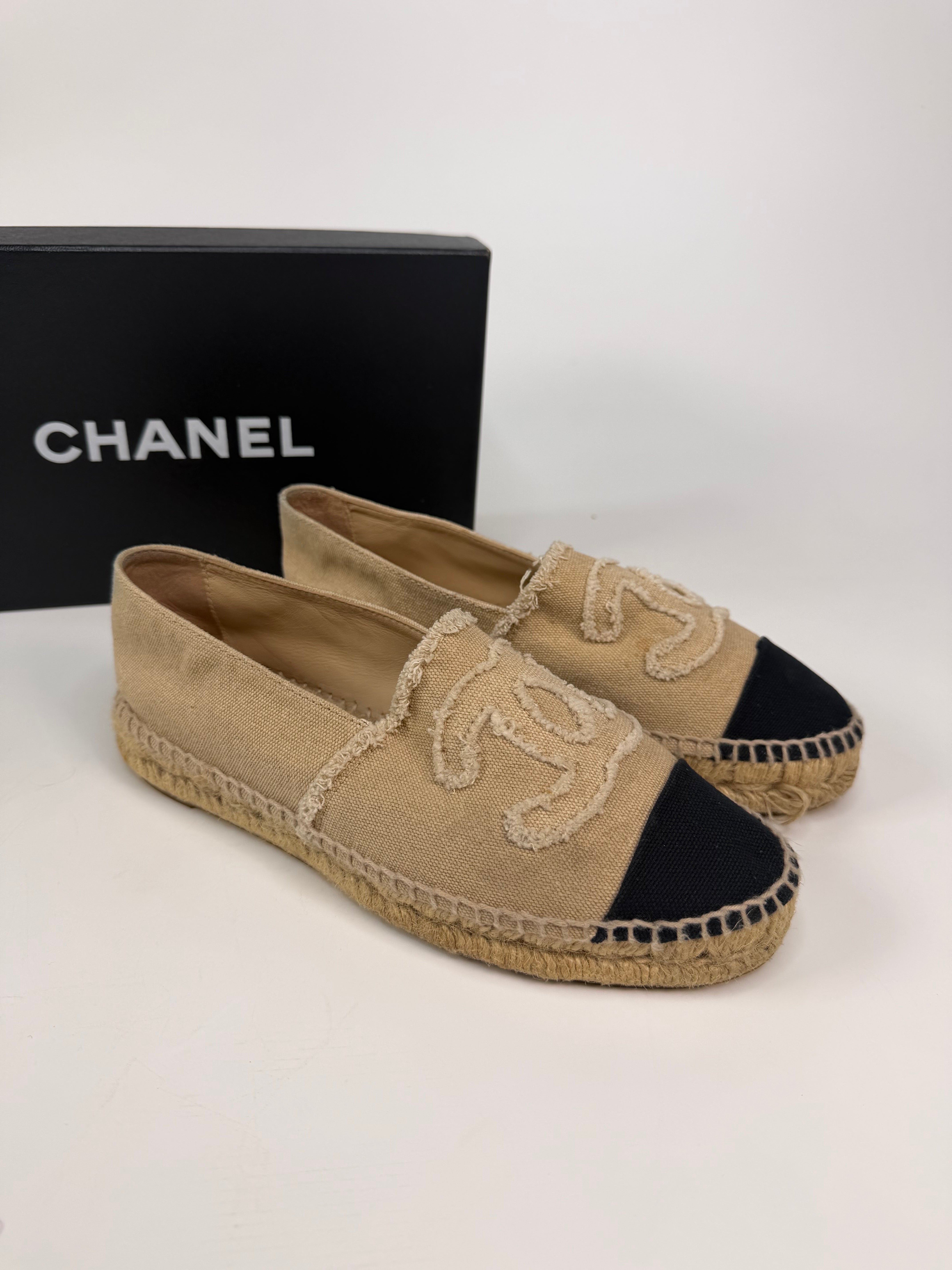 Chanel Espadrilles In Black & Beige Embroidered Fabric (Size 36/ UK3). 100% authentic and preloved in excellent condition