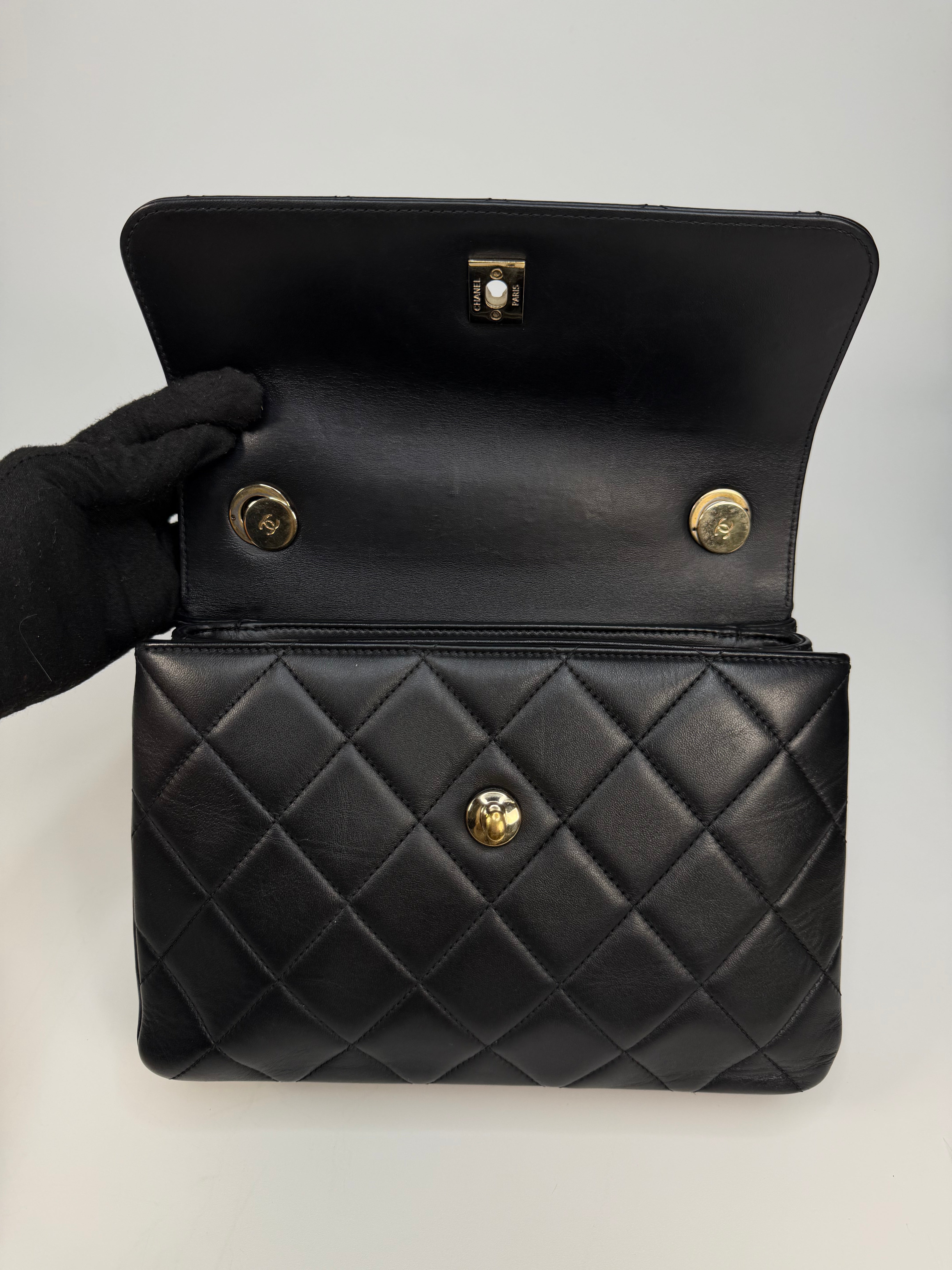 Chanel Small Trendy Top Handle In Lambskin Leather With Gold Hardware. Authentic and preloved in excellent condition.