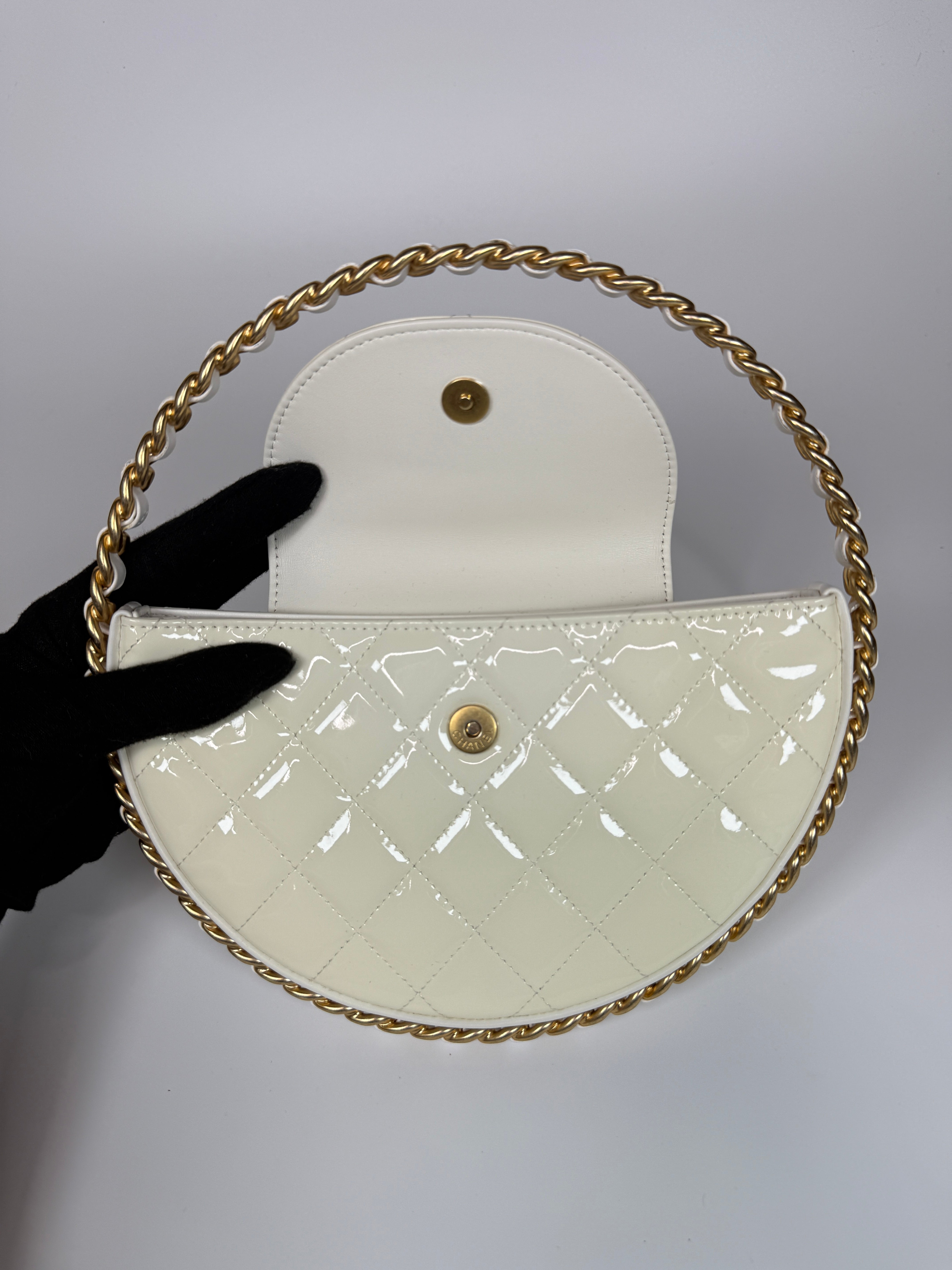 Authentic and preloved Chanel White Quilted Patent Leather Chain Around Hoop Bag In Excellent condition. 100% Authenticity Guarantee