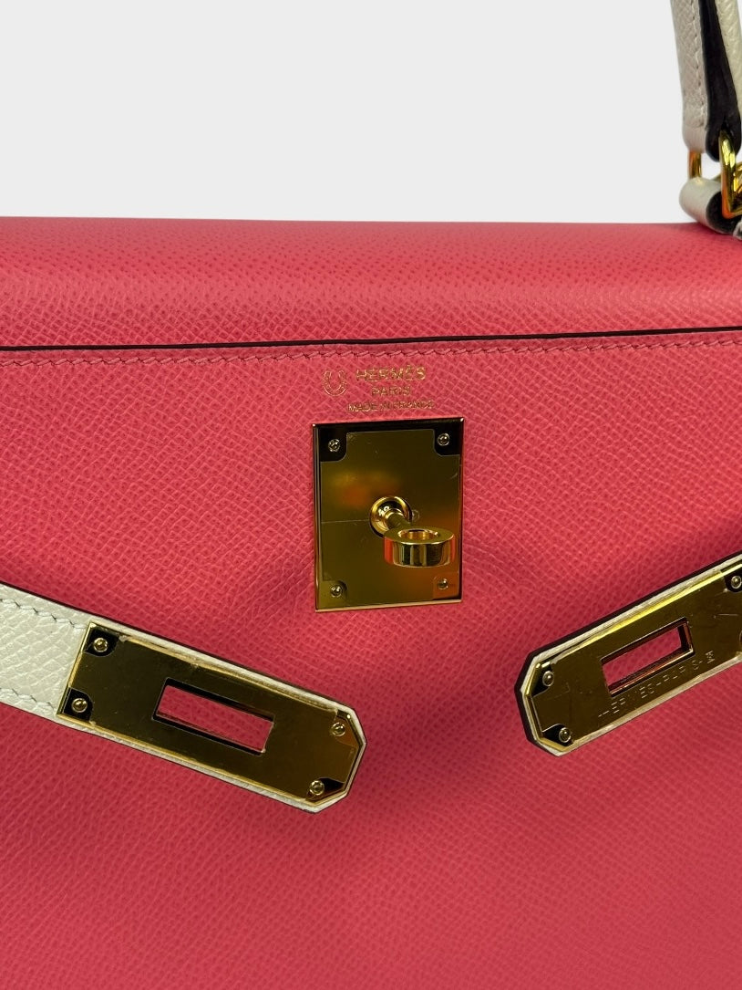 Hermès Kelly 28 In Rose Azalee & Craie Epsom Leather With Gold Hardware. 100% authentic and preloved in excellent condition.