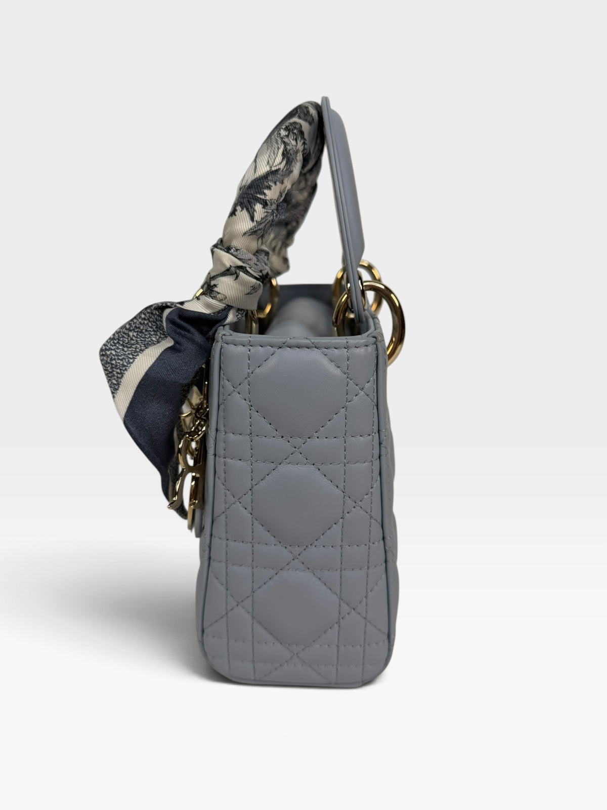 Christian Dior Mini Lady Dior In Pale Blue Cannage Leather With Pale Gold Hardware. 100% Authentic and Preloved in excellent condition. 100% Guarantee