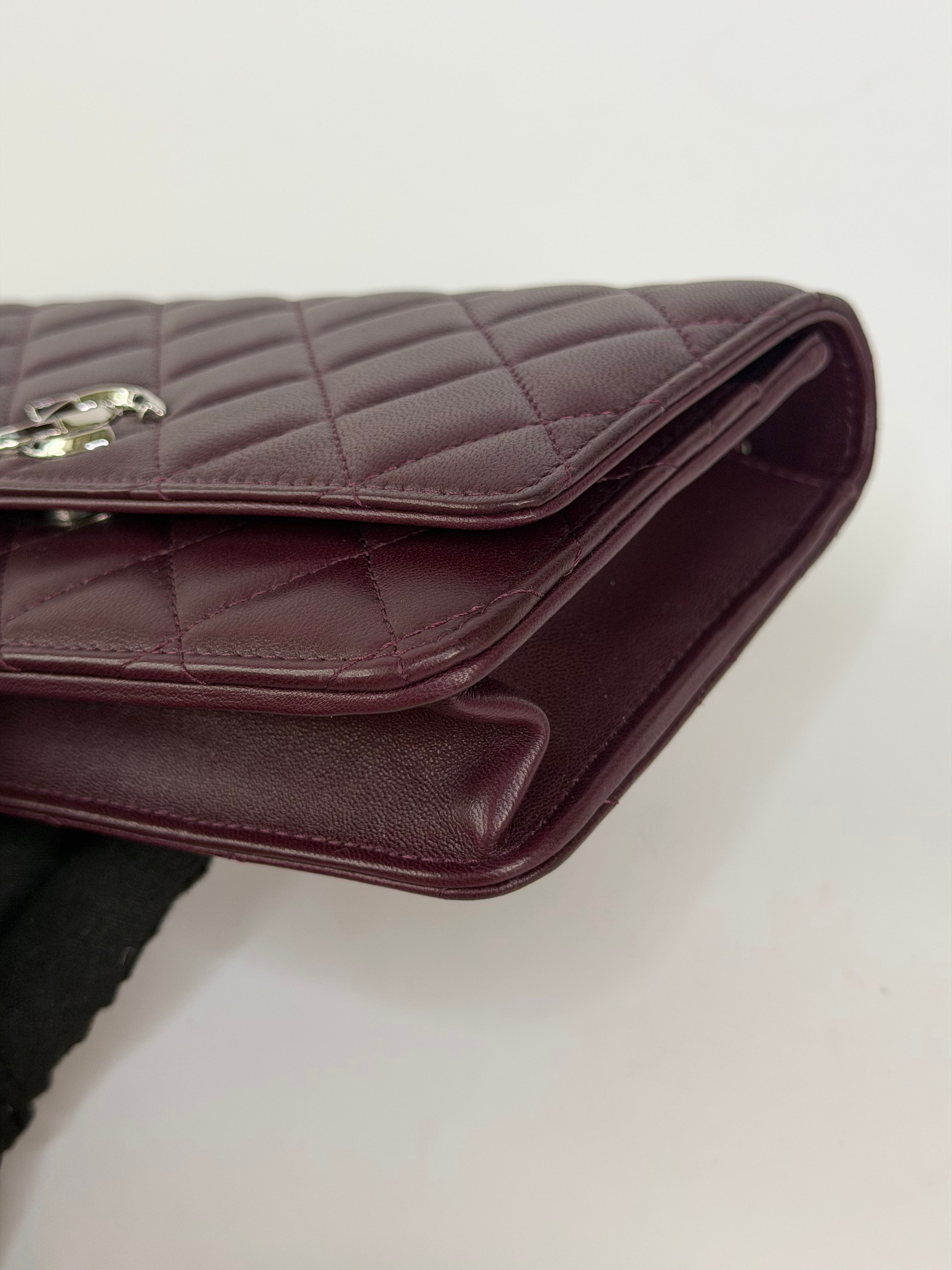 Chanel Wallet On Chain In Burgundy Lambskin With Silver Hardware. Authentic and preloved in excellent condition. 100% Guarantee