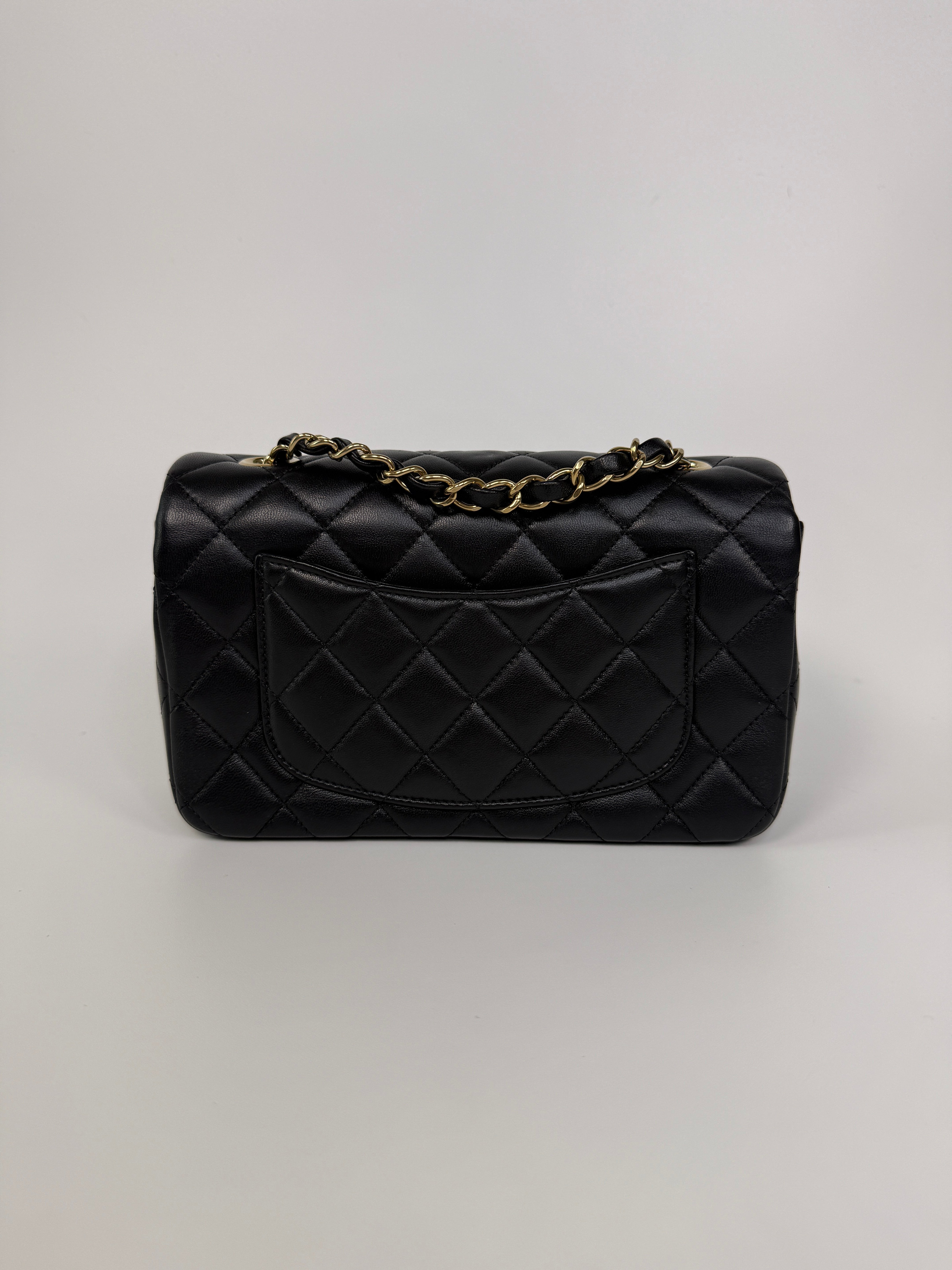 Chanel Mini Rectangle In Black Lambskin Leather With Pale Gold Hardware