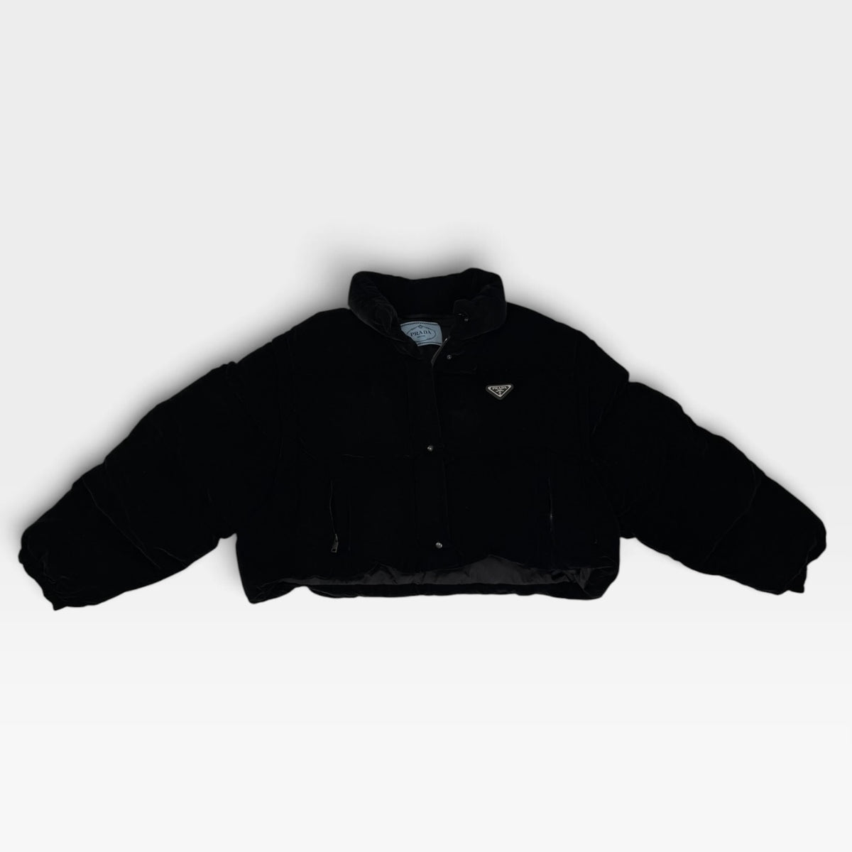 Prada Down-Filled Puffer Jacket In Black Velvet (Size 44/UK 12) 100% authentic and preloved in excellent condition