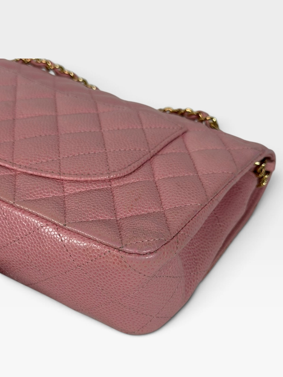 Chanel Vintage Medium Classic Double Flap In Pink Caviar Leather With 24Kt Gold Hardware 100% authentic and preloved in excellent condition