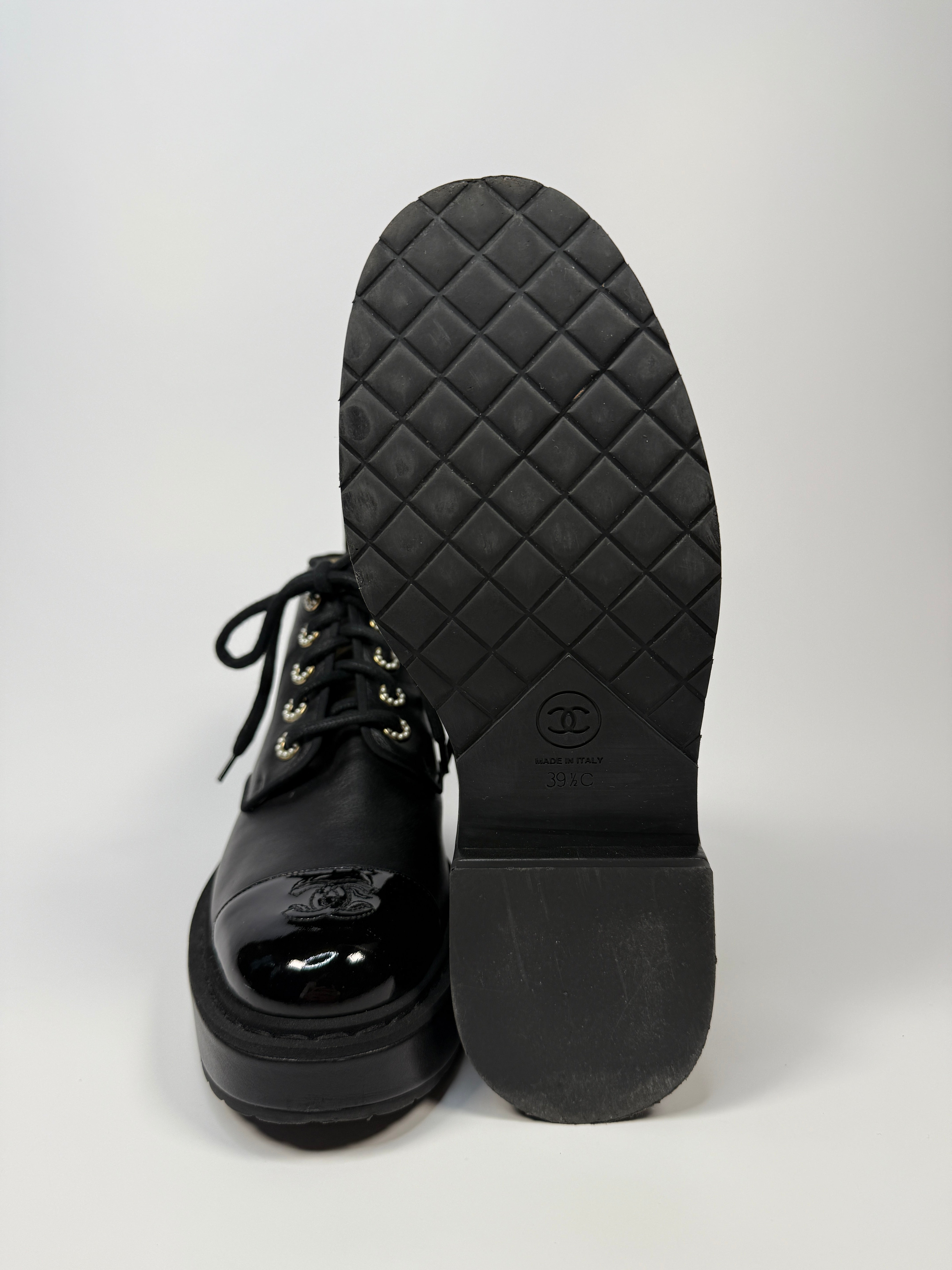 Chanel CC Toe Cap and pearl eyelet Anklet boots In Black Leather. UK6.5 Excellent. Authentic and preloved.