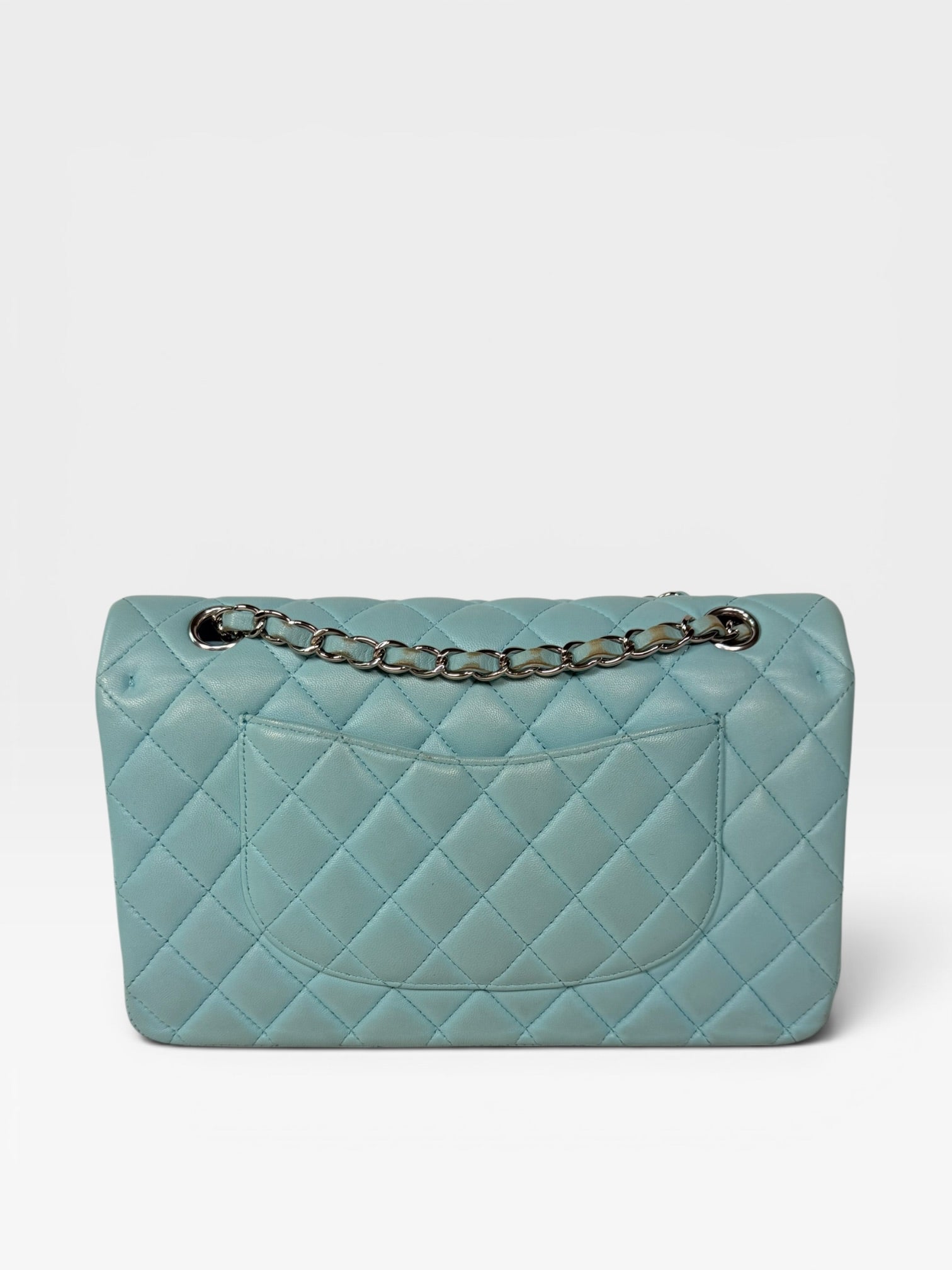 Chanel Medium Double Classic Flap Light Blue Silver Hardware. Authentic and preloved in good condition.