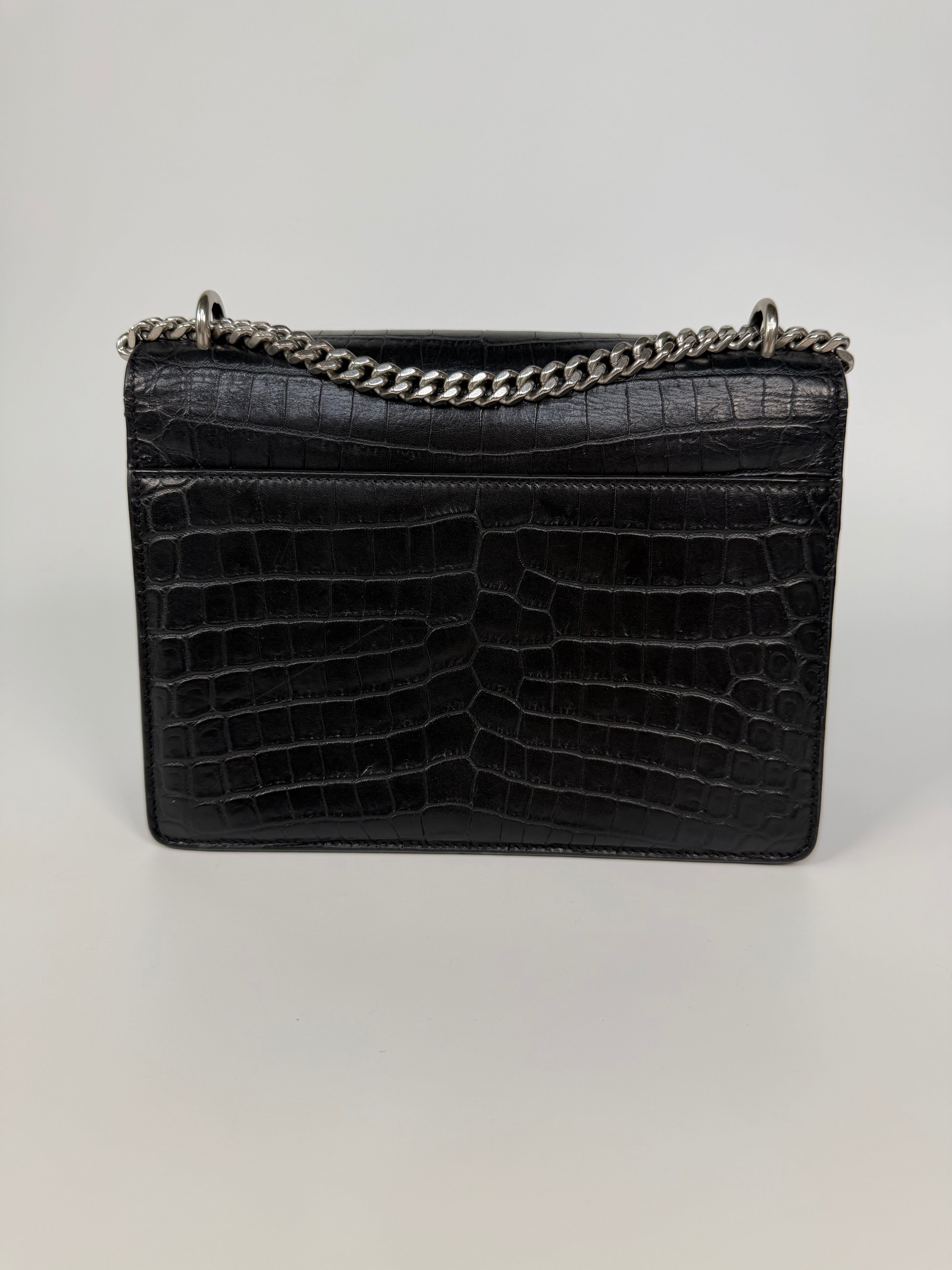 Saint Laurent Sunset Bag In Noir Croc Embossed Leather Silver Hardware. 100% authentic and preloved in very good condition.