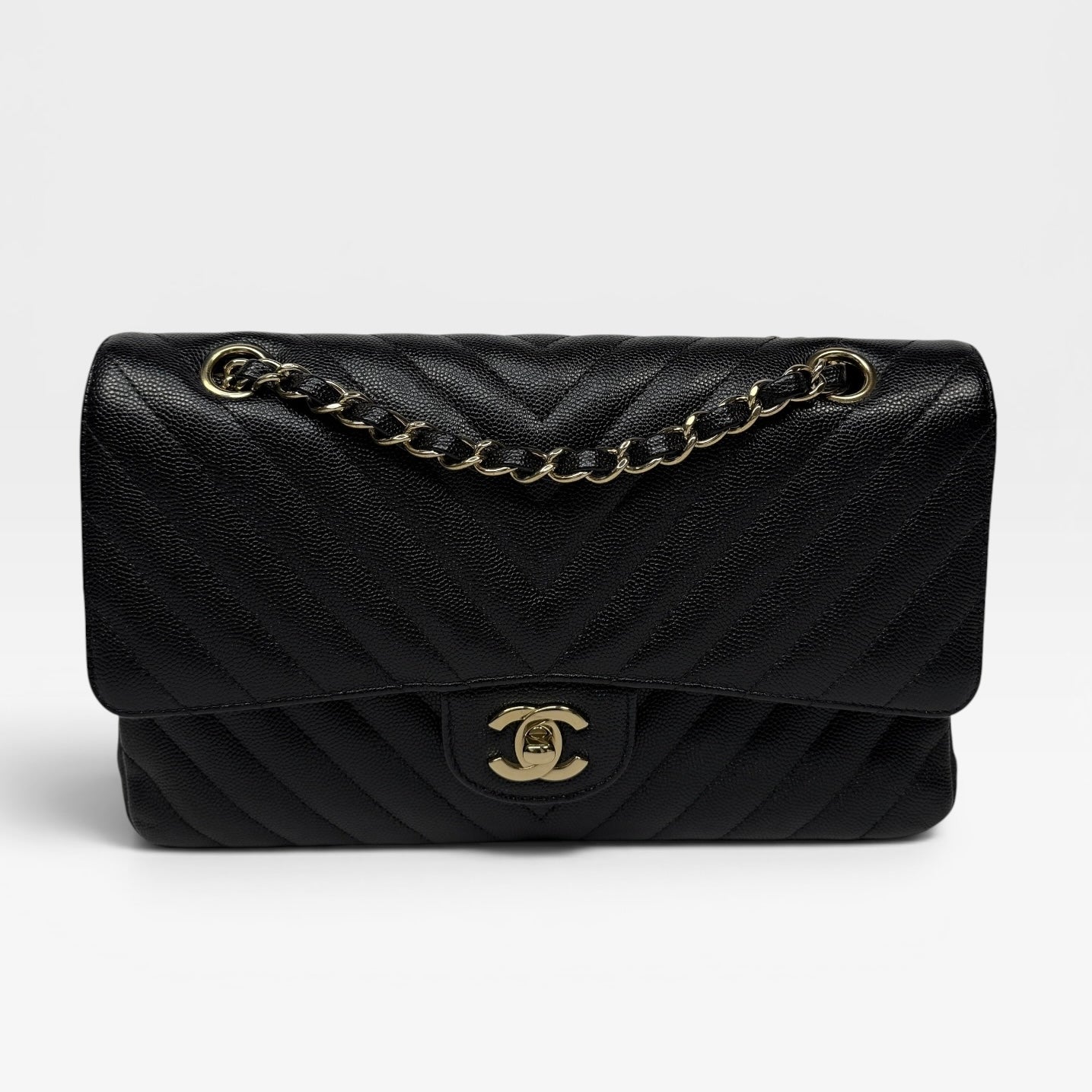 Chanel Medium Classic Chevron Black Caviar Leather With Pale Gold Hardware